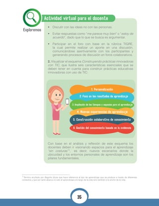 Actividad virtual para el docente
•	 Discutir con las ideas no con las personas.
•	 Evitar respuestas como “me parece muy bien” o “estoy de
acuerdo”, dado que lo que se busca es argumentar.
•	 Participar en el foro con base en la rúbrica TIGRE,
la cual permite realizar un aporte en una discusión,
comunicándose asertivamente con los participantes y
generando procesos de discusión en foros colaborativos.
2. Visualizar el esquema Construyendo prácticas innovadoras
con TIC, que ilustra seis características esenciales que se
deben tener en cuenta para construir prácticas educativas
innovadoras con uso de TIC:
Con base en el análisis y reflexión de este esquema los
docentes deben ir visionando espacios para el aprendizaje
“sin costuras” , es decir, nuevos escenarios donde la
ubicuidad y los entornos personales de aprendizaje son los
pilares fundamentales.
Término acuñado por Begoña Gross que hace referencia al tipo de aprendizaje que se produce a través de diferentes
contextos y que por tanto abarca no solo el aprendizaje a lo largo de la vida sino también a lo ancho de la vida.
1
1
35
 