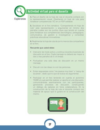 Actividad virtual para el docente
4. Para el diseño de la hoja de ruta el docente contará con
la representación visual: Diseñando mi hoja de ruta para
fortalecer competencias TIC en un PDF editable.
5. Socializar en el foro temático: “Compartiendo mi hoja de
ruta” esta representación, y argumentar en mínimo dos
párrafos cuáles son los puntos clave que tendrá en cuenta
para fortalecer sus competencias (tecnológica, pedagógica,
comunicativa, de gestión e investigativa) y consolidar
prácticas educativas innovadoras.
6.Realimentar la hoja de ruta de por lo menos dos compañeros
en el foro.
Recuerde que usted debe:
•	 Intervenir de modo activo y continuo durante el periodo de
discusión en el foro. Cada mensaje no deberá ser mayor a
dos o tres párrafos de 5 o 6 líneas.
•	 Puntualizar una sola idea de discusión en un mismo
mensaje.
•	 Discutir con las ideas no con las personas.
•	 Evitar respuestas como “me parece muy bien” o “estoy de
acuerdo”, dado que lo que se busca es argumentar.
•	 Participar en el foro teniendo en cuenta el acrónimo
TIGRE el cual permite realizar un aporte en una discusión,
comunicándose asertivamente con los participantes,
generando procesos de discusión, construyendo
un diálogo de saberes en foros colaborativos. En la
construcción de la hoja de ruta el docente contará con
material de apoyo que lo guiará en la construcción del
mismo.
37
 