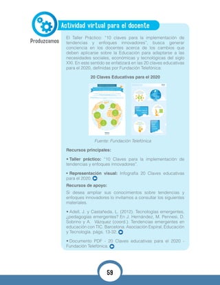 Actividad virtual para el docente
El Taller Práctico: “10 claves para la implementación de
tendencias y enfoques innovadores”, busca generar
conciencia en los docentes acerca de los cambios que
deben aplicarse sobre la Educación para adaptarse a las
necesidades sociales, económicas y tecnológicas del siglo
XXI. En este sentido se enfatizará en las 20 claves educativas
para el 2020, definidas por Fundación Telefónica:
20 Claves Educativas para el 2020
Fuente: Fundación Telefónica
Recursos principales:
•	Taller práctico: “10 Claves para la implementación de
tendencias y enfoques innovadores”.
•	Representación visual: Infografía 20 Claves educativas
para el 2020.
Recursos de apoyo:
Si desea ampliar sus conocimientos sobre tendencias y
enfoques innovadores lo invitamos a consultar los siguientes
materiales.
•	Adell, J. y Castañeda, L. (2012). Tecnologías emergentes,
¿pedagogías emergentes? En J. Hernández, M. Pennesi, D.
Sobrino y A. Vázquez (coord.). Tendencias emergentes en
educación con TIC. Barcelona: Asociación Espiral, Educación
y Tecnología. págs. 13-32.
•	Documento PDF - 20 Claves educativas para el 2020 -
Fundación Telefónica.
59
 