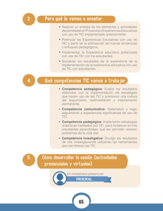 3. 	 Para qué lo vamos a enseñar:
•	 Realizar un análisis de los elementos y actividades
desarrolladasenProyectosoExperienciasEducativas
con uso de TIC implementado anteriormente.
•	 Potenciar las Experiencias Educativas con uso de
TIC a partir de la articulación de nuevas tendencias
y enfoques pedagógicos.
•	 Implementar la Experiencia educativa potenciada
con uso de TIC con los estudiantes.
•	 Socializar los resultados de la experiencia de la
implementación de la experiencia educativa con uso
de TIC con estudiantes.
•	
4. 	 Qué competencias TIC vamos a trabajar:
•	 Competencia pedagógica: Evalúo los resultados
obtenidos con la implementación de estrategias
que hacen uso de las TIC y promuevo una cultura
del seguimiento, realimentación y mejoramiento
permanente.
•	 Competencia comunicativa: Sistematizo y hago
seguimiento a experiencias significativas de uso de
TIC.
•	 Competencia pedagógica: Implemento estrategias
didácticas mediadas por TIC, para fortalecer en mis
estudiantes aprendizajes que les permitan resolver
problemas de la vida real.
•	 Competencia investigativa: Divulgo los resultados
de mis investigaciones utilizando las herramientas
que me ofrecen las TIC.
•	
5. Cómo desarrollar la sesión (actividades
presenciales y virtuales):
	 				 En modalidad presencial:
PRESENCIAL
65
 