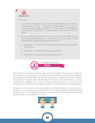 ¡Importante!
Formador,
•	 Los docentes deberán subir a la plataforma Blackboard la rúbrica:
Autoevaluación Nivel 1 totalmente diligenciada. Para subir el
archivo deberán dirigirse al Menú Principal, ingresar a actividades
y seleccionar la Actividad 13. Autoevaluación del proceso formativo
Nivel 1.
•	 Invite a los docentes a realizar a través de la plataforma Blackboard
las actividades evaluativas y de refuerzo (si es el caso) de las
competencias desarrolladas durante el Nivel 1:
•	 Actividad 14. Prueba: Evaluando las competencias adquiridas
en el Nivel 1.
•	 Actividad 15. Reforzando lo visto en el Nivel 1.
•	 Actividad 16. Repitiendo la prueba del Nivel 1.
En modalidad virtual:
VIRTUAL
Formador, para garantizar el desarrollo de las actividades virtuales de la sesión 4,
es necesario que se ponga en contacto con los docentes y les recuerde el ingreso
a la plataforma Blackboard y las fechas límite para la realización de las mismas.
Recuerde que puede utilizar el Mensajes del curso de la plataforma, el correo
electrónico o cualquier otro medio. De igual manera, publique un anuncio en la
plataforma con información que guíe al docente en el desarrollo de las actividades.
Tenga en cuenta que la primera actividad que deberá realizar el docente es la
actividad 14, una prueba que evalúa el dominio de las competencias desarrolladas
durante el Nivel 1. Si el docente no supera la prueba con el 60 % estará en obligación
de desarrollar las actividades 15 y 16.
84
 