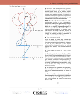 CrossFit Training Guide | Movements
The Overhead Squat ...continued
                                                                        A: The torso’s angle of inclination above horizontal.
                                                                        As a squat matures this angle increases. The squat
                                                                        becomes more upright as the athlete’s strength
                                                                        and neural “connectedness” to the posterior chain
                                                                        increase. Lower angles of inclination are created in an
                                                                        attempt to cantilever away from a weak posterior chain
                                                                        and onto the quadriceps. While technically correct,
                                                                        the lower angle is mechanically disadvantaged.
                                                                        90-A: This is the angle of rotation of the arms, at the
                                                                        shoulders, past overhead. The lower A is, the greater
                                                                        the rotation, 90-A, required of the shoulders to keep
                                                                        the bar in the frontal plane. The larger 90-A is, the
                                                                        wider the grip required to allow the shoulders to
                                                                        rotate to keep the bar in the frontal plane. Ultimately
                                                                        the connectedness/strength of the posterior chain
                                                                        will determine the width of the grip, elevation of
                                                                        the squat, and degree of rotation of the shoulders.
                                                                        Maturity and quality of the squat is a determinant of
                                                                        all of the mechanics of the overhead squat.
                                                                        g: These lines mark horizontal
                                                                        f: This line defines the frontal plane. It divides the
                                                                        athlete front half from back half. In the squat (as with
                                                                        most weightlifting movements) the athlete endeavors
                                                                        to keep the load in this plane. If a load deviates
                                                                        substantially from this plane the athlete has to bring
                                                                        the load back, which in turn pulls the athlete off
                                                                        balance.
                                                                        b: This is roughly the position for a back or front
                                                                        squat.
                                                                        a: This is the position for the overhead squat. With
                                                                        perfect stability, movement, and alignment this position
                                                                        does not increase the moment about the hip or back.
                                                                        The difference in an athlete’s strength when squatting
                                                                        here, overhead, as opposed to position b, the back or
                                                                        front squat, is a perfect measure of instability in the
                                                                        torso, legs, or shoulders, and improper line of action
                                                                        in the shoulders, hips, or legs, and weak or flawed
                                                                        posture in the squat.
                                                                        c: This position has the load behind the frontal plane.
                                                                        It can actually decrease the moment on the hip and
                                                                        back. As long as balance is maintained the position is
                                                                        strong.
                                                                        d: This is a fatal flaw in the overhead squat. Even
                                                                        slight movement in this direction greatly increases the
                                                                        moment in the hip and back. Moving in this direction
                                                                        with even a small load can collapse the squat like a
                                                                        house of cards.




                                                             39 of 94

    ® CrossFit is a registered trademark of CrossFit, Inc.                               Subscription info at http://store.crossfit.com
    © 2006 All rights reserved.                                                                 Feedback to feedback@crossfit.com
 