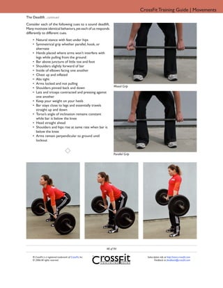 CrossFit Training Guide | Movements
The Deadlift ...continued
Consider each of the following cues to a sound deadlift.
Many motivate identical behaviors, yet each of us responds
differently to different cues.
    • Natural stance with feet under hips
    • Symmetrical grip whether parallel, hook, or
      alternate
    • Hands placed where arms won’t interfere with
      legs while pulling from the ground
    • Bar above juncture of little toe and foot
    • Shoulders slightly forward of bar
    • Inside of elbows facing one another
    • Chest up and inflated
    • Abs tight
    • Arms locked and not pulling
                                                                  Mixed Grip
    • Shoulders pinned back and down
    • Lats and triceps contracted and pressing against
      one another
    • Keep your weight on your heels
    • Bar stays close to legs and essentially travels
      straight up and down
    • Torso’s angle of inclination remains constant
      while bar is below the knee
    • Head straight ahead
    • Shoulders and hips rise at same rate when bar is
      below the knee
    • Arms remain perpendicular to ground until
      lockout


                                                                  Parallel Grip




                                                             48 of 94

    ® CrossFit is a registered trademark of CrossFit, Inc.                           Subscription info at http://store.crossfit.com
    © 2006 All rights reserved.                                                             Feedback to feedback@crossfit.com
 
