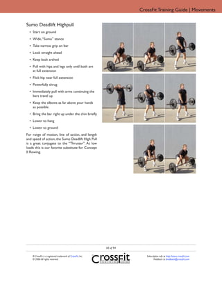 CrossFit Training Guide | Movements

Sumo Deadlift Highpull
  • Start on ground
  • Wide, “Sumo” stance
  • Take narrow grip on bar
  • Look straight ahead
  • Keep back arched
  • Pull with hips and legs only until both are
    at full extension
  • Flick hip near full extension
  • Powerfully shrug
  • Immediately pull with arms continuing the
    bars travel up
  • Keep the elbows as far above your hands
    as possible
  • Bring the bar right up under the chin briefly
  • Lower to hang
  • Lower to ground
For range of motion, line of action, and length
and speed of action, the Sumo Deadlift High Pull
is a great conjugate to the “Thruster”. At low
loads this is our favorite substitute for Concept
II Rowing.




                                                             50 of 94

    ® CrossFit is a registered trademark of CrossFit, Inc.                 Subscription info at http://store.crossfit.com
    © 2006 All rights reserved.                                                   Feedback to feedback@crossfit.com
 