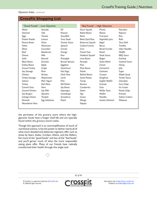 CrossFit Training Guide | Nutrition
Glycemic Index ...continued

 CrossFit Shopping List
    “Good Foods” - Low Glycemic                                                       “Bad Foods” - High Glycemic
   Water                       Avocado                       Oil                    Acorn Squash       Prunes                    Pancakes
   Oatmeal                     Tofu                          Peanuts                Baked Beans        Raisins                   Popcorn
   Eggs                        Tomato                        Swordfish              Beets              Fruit Juice               Rice
   Protein Powder              Lettuce                       Tuna Steak             Black Eyed Peas    Vegetable Juice           Rolls
   Peanut Butter               Onion                         Tomato Sauce           Butternut Squash   Bagel                     Taco Shell
   Tahini                      Mushroom                      Spinach                Cooked Carrots     Biscut                    Tortillas
   Olives                      Cucumber                      Carrots                Corn               Bread Crumbs              Udon Noodles
   Beef                        Blueberries                   Orange                 French Fries       Bread                     Waffle
   Cheese                      Milk                          Pear                   Hubbard Squash     Steak Sauce               BBQ Sauce
   Salsa                       Broccoli                      Pineapple              Lima Beans         Bulgar                    Ketchup
   Black Beans                 Zucchini                      Brussel Sprouts        Parsnips           Sweet Relich              Cocktail Sauce
   Kidney Beans                Apple                         Eggplant               Peas               Cereal                    Honey
   Ground Turkey               Grape                         Sauerkraut             Pinto Beans        Cornstarch                Jelly
   Soy Sausage                 Plum                          Hot Dogs               Potato             Croissant                 Sugar
   Chicken                     Shrimp                        Chick Peas             Refried Beans      Crouton                   Maple Syrup
   Turkey Sausage              Mayonnaise                    Lamb                   Sweet Potato       Doughnut                  Teriaki Sauce
   Salmon                      Plain Yogurt                  Pork                   Turnip             English Muffin            Chocolate
   Turkey                      Deli Meat                     Dill Pickles           Banana             Granola                   Corn Chips
   Canned Tuna                 Ham                           Soy Beans              Cranberries        Grits                     Ice Cream
   Canned Chicken              Soy Milk                      Asparagus              Dates              Melba Toast               Potato Chips
   Soy Burgers                 Spirulina                     Cantaloupe             Figs               Muffin                    Pretzels
   Cottage Cheese              Tempeh                        Strawberry             Guava              Noodles                   Saltine Crakers
   Almonds                     Egg Substitute                Peach                  Mango              Instant Oatmeal           Molasses
   Macadamia Nuts                                                                   Papaya



the perimeter of the grocery store where the high-
glycemic foods have a longer shelf life and are typically
found within the grocery store’s aisles.
Though this approach is an oversimplification of much of
nutritional science, it has the power to deliver nearly all of
what more detailed and elaborate regimens offer such as
those by Sears, Eades, Cordain, Atkins, and the Hellers.
Eat more of the “good foods” and less of the “bad foods”
and you’ll garner much of what the more responsible
eating plans offer. Many of our friends have radically
transformed their health through this single tool.




                                                                               65 of 94

    ® CrossFit is a registered trademark of CrossFit, Inc.                                                 Subscription info at http://store.crossfit.com
    © 2006 All rights reserved.                                                                                   Feedback to feedback@crossfit.com
 