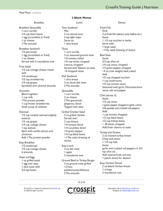 CrossFit Training Guide | Nutrition
Meal Plans ...continued
                                                                      2 Block Menus
                   Breakfast                                              Lunch                                       Dinner
Breakfast Quesadilla                                          Tuna Sandwich                    Fresh Fish
  1 corn tortilla                                               Mix:                             Grill:
  1/4 cup black beans                                           2 oz canned tuna                 3 oz fresh fish (salmon, tuna, halibut, etc.)
  1 egg (scrambled or fried)                                    2 tsp light mayo                 Saute:
  1 oz cheese                                                   Serve on                         1 1/3 cup zucchini in herbs
  1 Tbs avocado                                                 1 slice bread                    Serve with:
                                                                                                 1 large salad
Breakfast Sandwich                                            Tacos                              ~1Tbs salad dressing of choice
  1/2 pita bread                                                1 corn tortilla
  1 egg (scrambled or fried)                                    3 oz seasoned ground meat      Beef Stew
  1 oz cheese                                                   1/2 tomato, cubed                Saute:
  Served with 2 macadamia nuts                                  1/4 cup onion, chopped           2/3 tsp olive oil
                                                                Lettuce, chopped                 1/4 cup onion, chopped
Fruit Salad                                                     Served with Tabasco to taste     1/2 green pepper, chopped
  1/2 cup cottage cheese mixed                                  ~6 chopped olives                ~4 oz (raw weight) beef, cubed
  with                                                                                           Add:
  1/4 cantaloupe                                              Deli Sandwich                      1/2 cup chopped zucchini
  1/2 cup strawberries                                         1 slice bread                     1 cup mushrooms
  1/4 cup grapes                                               3 oz sliced deli meat             1/4 cup tomato sauce
  Sprinkled with slivered almonds                              2 Tbs avocado                     Seasoned with garlic, Worcestershire
Smoothie                                                      Quesadilla                         sauce, salt and pepper
  Blend together:                                              1 corn tortilla                 Chili (serves 3)
  1 cup milk                                                   2 oz cheese                      Saute:
  1Tbs protein powder                                          2 Tbs guacamole                  1/3 cup onion
  1 cup frozen strawberries                                    Jalapenos, sliced                1 green pepper, chopped in garlic, cumin,
  Small scoop of cashews                                       Topped with salsa                chili powder, and crushed red peppers
Oatmeal                                                       Grilled Chicken Salad             Add:
 1/3 cup cooked oatmeal (slightly                              2 oz grilled chicken             1 cup tomato, chopped
 watery)                                                       Served over:                     1/2 cup black beans
 1/2 cup grapes                                                2 cup lettuce                    1/2 cup kidney beans
 1/4 cup cottage cheese                                        1/4 tomato, diced                ~ 30 olives, chopped
 1 tsp walnuts                                                 1/4 cucumber, diced              Add fresh cilantro to taste
 Spice with vanilla extract and                                1/4 green pepper                Turkey and Greens
 cinnamon                                                      1/4 cup black beans
                                                                                                 2 oz roasted turkey breast
 Add 1 Tbs protein powder                                      ~1 Tbs salad dressing of          Chop and steam:
                                                               choice                            1 1/4 cup kale
Easy Breakfast
  1/2 cantaloupe                                              Easy Lunch                         Saute:
  1/2 cup cottage cheese                                        3 oz deli meat                   garlic and crushed red peppers in 2/3
  6 almonds                                                     1 apple                          tsp olive oil, ,
                                                                2 macadamia nuts                 Add steamed kale and mix.
Steak and Eggs                                                                                   1 peach, sliced, for dessert
  1 oz grilled steak                                          Ground Beef or Turkey Burger
  1 egg over easy                                              3 oz ground meat, grilled       Easy Chicken Dinner
  1 slice toast with                                           1/2 bun                           2 oz baked chicken breast
  2/3 tsp butter                                               pickles/mustard/lettuce           1 orange
                                                               2 Tbs avocado                     2 macadamia nuts


                                                                            70 of 94

     ® CrossFit is a registered trademark of CrossFit, Inc.                                            Subscription info at http://store.crossfit.com
     © 2006 All rights reserved.                                                                              Feedback to feedback@crossfit.com
 