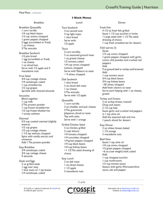 CrossFit Training Guide | Nutrition
Meal Plans ...continued
                                                                       3 Block Menus
                   Breakfast                                               Lunch                                    Dinner
Breakfast Quesadilla                                          Tuna Sandwich                   Fresh Fish
  1 corn tortilla                                               3 oz canned tuna                4 1/2 oz fresh fish, grilled
  1/4 cup black beans                                           3 tsp light mayo                Saute 1 1/3 cup zucchini in herbs
  1/3 cup onions, chopped                                       1 slice bread                   1 Large salad with 1 1/2 Tbs salad
  1 green pepper, chopped                                       Serve with:                     dressing of choice
  2 eggs (scrambled or fried)                                   1/2 apple                       1 cup fresh strawberries for dessert
  1 oz cheese
  3 Tbs avocado                                               Tacos                           Chili (serves 3)
                                                                2 corn tortillas               Saute:
Breakfast Sandwich                                                                             1/3 cup onion, chopped
  1/2 pita bread                                                3 oz seasoned ground meat
                                                                                               1 green pepper, chopped, with garlic,
  1 egg (scrambled or fried)                                    1 oz grated cheese
                                                                                               cumin, chili powder, and crushed red
  1 oz cheese                                                   1/2 tomato, cubed
                                                                                               peppers
  1 oz sliced ham                                               1/4 cup onion, chopped
                                                                                               Add:
  Serve with 1/2 apple and 3                                    Lettuce, chopped               9 oz ground beef or turkey until browned
  macadamia nuts                                                Serve with Tabasco to taste    Add:
                                                                ~ 9 olives, chopped            1 cup tomato sauce
Fruit Salad
  3/4 cup cottage cheese                                      Deli Sandwich                    3/4 cup black beans
  1/4 cantaloupe, cubed                                        1 slice bread                   3/4 cup kidney beans
  1 cup strawberries                                           3 oz sliced deli meat           ~30 olives, chopped
  1/2 cup grapes                                                                               Add fresh cilantro to taste
                                                               1 oz cheese
  Sprinkle with slivered almonds                                                               Serve each helping with 1 oz cheese,
                                                               3 Tbs avocado
                                                                                               grated
Smoothie                                                       Serve with 1/2 apple
  Blend together:                                                                             Turkey and Greens
  1 cup milk                                                  Quesadilla                        3 oz turkey breast, roasted
  2 Tbs protein powder                                         1 corn tortilla                  Chop and steam:
  1 cup frozen strawberries                                    3 oz cheddar and jack cheese     2 1/2 cup kale
  1/2 cup frozen blueberries                                   3 Tbs guacamole                  Saute garlic and crushed red peppers
  1 scoop cashews                                              Jalapenos, sliced, to taste      in 1 tsp olive oil,
                                                               Top with salsa                   Add the steamed kale and mix.
Oatmeal                                                        Serve with 1 orange              1 peach, sliced, for dessert
 2/3 cup cooked oatmeal (slightly
 watery)                                                      Grilled Chicken Salad           Easy Dinner
 1/2 cup grapes                                                3 oz chicken, grilled            3 oz chiken breast, baked
 1/2 cup cottage cheese                                        2 cups lettuce                   1 1/2 orange
 1 1/2 tsp walnuts, chopped                                    1/4 tomato, chopped              3 macadamia nuts
 Spice with vanilla extract and                                1/4 cucumber, chopped
 cinnamon                                                                                     Beef Stew
                                                               1/4 green pepper, chopped
 Add 1 Tbs protein powder                                                                       Saute: 1 tsp olive oil
                                                               1/4 cup black beans
                                                                                                1/4 cup onion, chopped
Easy Breakfast                                                 1/4 cup kidney beans             1/2 green pepper, chopped
  3/4 cantaloupe, cubed                                        ~1 1/2 Tbs salad dressing of     ~6 oz (raw weight) beef, cubed
  3/4 cup cottage cheese                                       choice                           Add:
  9 almonds
                                                              Easy Lunch                        1 cup chopped zucchini
Steak and Eggs                                                  3 oz deli meat                  1 cup mushrooms
  2 oz grilled steak                                            1 oz sliced cheese              1/2 cup tomato sauce
  1 egg over easy                                                                               Season with garlic, Worcestershire
                                                                1 1/2 apple
  1 slice toast w/ 1 tsp butter                                                                 sauce, salt and pepper
                                                                3 macadamia nuts
  1/4 cantaloupe, cubed


                                                                            71 of 94

     ® CrossFit is a registered trademark of CrossFit, Inc.                                          Subscription info at http://store.crossfit.com
     © 2006 All rights reserved.                                                                            Feedback to feedback@crossfit.com
 