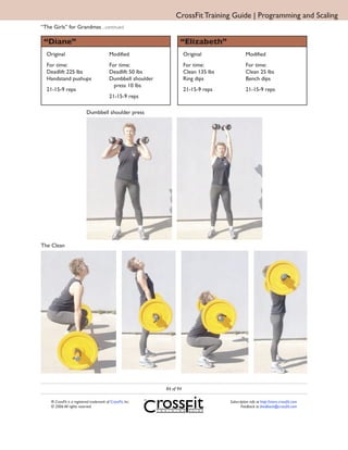 CrossFit Training Guide | Programming and Scaling
“The Girls” for Grandmas ...continued

 “Diane”                                                              “Elizabeth”
  Original                                 Modified                       Original                  Modified
  For time:                                For time:                      For time:                 For time:
  Deadlift 225 lbs                         Deadlift 50 lbs                Clean 135 lbs             Clean 25 lbs
  Handstand pushups                        Dumbbell shoulder              Ring dips                 Bench dips
                                             press 10 lbs
  21-15-9 reps                                                            21-15-9 reps              21-15-9 reps
                                           21-15-9 reps

                            Dumbbell shoulder press




The Clean




                                                               84 of 94

    ® CrossFit is a registered trademark of CrossFit, Inc.                                Subscription info at http://store.crossfit.com
    © 2006 All rights reserved.                                                                  Feedback to feedback@crossfit.com
 