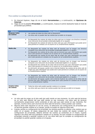 Para cambiar su configuración de privacidad

       1. En Internet Explorer, haga clic en el botón Herramientas y, a continuación, en Opciones de
          Internet.
       2. Haga clic en la pestaña Privacidad y, a continuación, mueva el control deslizante hasta el nivel de
          privacidad que prefiera.


   Seleccione                                                 Para especificar
Bloquear todas             •   Las cookies de todos los sitios web se bloquearán.
las cookies                •   Los sitios web no pueden leer las cookies que ya estén en el equipo.


Alta                       •   Se bloquearán las cookies de todos los sitios web que no tengan una directiva compacta
                               (una instrucción de privacidad condensada legible en un equipo).
                           •   Se bloquearán las cookies de todos los sitios web que usen información que pueda servir
                               para ponerse en contacto con el usuario sin su consentimiento explícito.


Media alta                 •   Se bloquearán las cookies de sitios web de terceros que no tengan una directiva
                               compacta (una instrucción de privacidad condensada legible en un equipo).
                           •   Se bloquearán las cookies de los sitios web de terceros que usen información que pueda
                               servir para ponerse en contacto con el usuario sin su consentimiento explícito.
                           •   Se bloquearán las cookies de los sitios web de origen que usen información que pueda
                               servir para ponerse en contacto con el usuario sin su consentimiento explícito.


Media                      •   Se bloquearán las cookies de sitios web de terceros que no tengan una directiva
                               compacta (una instrucción de privacidad condensada legible en un equipo).
                           •   Se bloquearán las cookies de los sitios web de terceros que usen información que pueda
                               servir para ponerse en contacto con el usuario sin su consentimiento implícito.
                           •   Se eliminarán del equipo cuando cierre Internet Explorer las cookies de los sitios web de
                               origen que usen información que pueda servir para ponerse en contacto con el usuario sin
                               su consentimiento implícito.


Baja                       •   Se bloquearán las cookies de sitios web de terceros que no tengan una directiva
                               compacta (una instrucción de privacidad condensada legible en un equipo).
                           •   Se eliminarán del equipo cuando cierre Internet Explorer las cookies de los sitios web de
                               terceros que usen información que pueda servir para ponerse en contacto con el usuario
                               sin su consentimiento implícito.


Aceptar todas              •   Todos los sitios web pueden guardar cookies en su equipo.
las cookies                •   Los sitios web que crearon las cookies pueden leer las que ya estén en el equipo.



           Notas

       •     Un sitio web de origen es el sitio web que está viendo en ese momento. Un sitio web de terceros
             es un sitio web distinto del que está viendo en ese momento. Los sitios web de terceros
             normalmente proporcionan cierto contenido al sitio web que está viendo en ese momento. Por
             ejemplo, muchos sitios usan anuncios de sitios web de terceros y éstos pueden usar cookies.
       •     Algunos sitios web requieren el uso de cookies. Si selecciona una configuración de privacidad que
             no permita guardar cookies en su equipo, quizás no pueda ver algunos sitios web.
       •     Cuando cambie su configuración de privacidad, los cambios podrían no afectar a las cookies que ya
             estén en el equipo. Si desea asegurarse de que todas las cookies del equipo cumplen su
             configuración de privacidad, debería eliminar las cookies ya existentes en el mismo. Cuando
             regrese a los sitios web que guardaron cookies en su equipo, los que cumplan su configuración de
             privacidad volverán a guardar cookies en él. Los sitios web que no cumplan su configuración de
             privacidad no podrán guardar cookies en el equipo.
 
