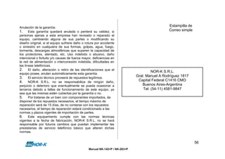 Anulación de la garantía:
                                                                                               Estampilla de
1. Esta garantía quedará anulada o perderá su validez, si                                      Correo simple
personas ajenas a esta empresa han revisado o reparado el
equipo, cambiando alguna de sus partes o modificando su
diseño original, si el equipo sufriere daño o rotura por accidente
o siniestro en cualquiera de sus formas, golpes, agua, fuego,
tormenta, descargas atmosféricas que superen la capacidad de
los protectores, atentado, etc. Uso indebido o abusivo, daño
intencional o fortuito y/o causas de fuerza mayor, deficiencias en
la red de alimentación o interconexión indebida, dificultades en
las líneas telefónicas.
2. El daño, alteración o retiro de las identificaciones que el
                                                                                      NOR-K S.R.L.
equipo posee, anulan automáticamente esta garantía.
3. El servicio técnico proveerá de repuestos legítimos.                      Gral. Manuel A Rodríguez 1817
4. NOR-K S.R.L. no se responsabiliza de ningún daño,                          Capital Federal C1416 CMO
perjuicio o deterioro que eventualmente se pueda ocasionar a                    Buenos Aires-Argentina
terceros debido a fallas de funcionamiento de este equipo, ya                    Tel: (54-11) 4581-9847
sea que las mismas estén cubiertas por la garantía o no.
5. Por tratarse de un bien con componentes importados, de
disponer de los repuestos necesarios, el tiempo máximo de
reparación será de 15 días, de no contarse con los repuestos
necesarios, el tiempo de reparación estará condicionado a las
normas y plazos vigentes de importación de partes.
6. Este equipamiento cumple con las normas técnicas
vigentes a la fecha de fabricación, NOR-K S.R.L. no se hará
responsable por futuros cambios que puedan implementar las
prestatarias de servicio telefónico básico que alteren dichas
normas.


                                                                                                               56
                                                Manual NK-142+P / NK-283+P
 