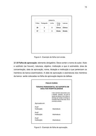 13




                                             ERRATA
                         Folha   Parágrafo     Linha         Onde            Leia-se
                                                             se lê
                          28           2        5           Clínca           Clínica

                          57           1        3            Direto          Direito




                       Figura 4 - Exemplo de folha com errata.


3.1.6 Folha de aprovação: elemento obrigatório. Deve conter o nome do autor, título
e subtítulo (se houver), natureza, objetivo, instituição a que é submetido, área de
concentração, data de aprovação, nome, titulação e instituição a que pertencem os
membros da banca examinadora. A data de aprovação e assinaturas dos membros
da banca serão colocadas na folha de aprovação depois da defesa.


                                           PAULO CUNHA

                         TERAPIA PERIODONTAL DE SUPORTE EM
                             ADULTOS HOSPITALIZADOS

                                                 A Banca examinadora abaixo-assinada, aprova
                                                 a Dissertação apresentada como parte dos
                                                 requisitos para obtenção do título de Mestre em
                                                 Odontologia pela Faculdade de Odontologia da
                                                 Universidade Federal de Minas Gerais. Área de
                                                 concentração: periodontia.
                        Aprovada em:

                        Profº.
                        Instituição:                Assinatura:

                        Profº.
                        Instituição:                Assinatura:

                        Profº.
                        Instituição:                Assinatura:



                       Figura 5 - Exemplo de folha de aprovação.
 