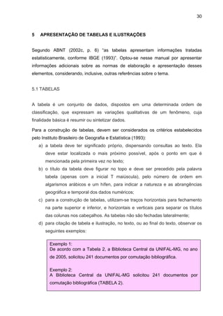 30



5   APRESENTAÇÃO DE TABELAS E ILUSTRAÇÕES


Segundo ABNT (2002c, p. 6) “as tabelas apresentam informações tratadas
estatisticamente, conforme IBGE (1993)”. Optou-se nesse manual por apresentar
informações adicionais sobre as normas de elaboração e apresentação desses
elementos, considerando, inclusive, outras referências sobre o tema.


5.1 TABELAS


A tabela é um conjunto de dados, dispostos em uma determinada ordem de
classificação, que expressam as variações qualitativas de um fenômeno, cuja
finalidade básica é resumir ou sintetizar dados.

Para a construção de tabelas, devem ser considerados os critérios estabelecidos
pelo Instituto Brasileiro de Geografia e Estatística (1993):
    a) a tabela deve ter significado próprio, dispensando consultas ao texto. Ela
       deve estar localizada o mais próximo possível, após o ponto em que é
       mencionada pela primeira vez no texto;
    b) o título da tabela deve figurar no topo e deve ser precedido pela palavra
       tabela (apenas com a inicial T maiúscula), pelo número de ordem em
       algarismos arábicos e um hífen, para indicar a natureza e as abrangências
       geográfica e temporal dos dados numéricos;
    c) para a construção de tabelas, utilizam-se traços horizontais para fechamento
       na parte superior e inferior, e horizontais e verticais para separar os títulos
       das colunas nos cabeçalhos. As tabelas não são fechadas lateralmente;
    d) para citação de tabela e ilustração, no texto, ou ao final do texto, observar os
       seguintes exemplos:

         Exemplo 1:
         De acordo com a Tabela 2, a Biblioteca Central da UNIFAL-MG, no ano
         de 2005, solicitou 241 documentos por comutação bibliográfica.

         Exemplo 2:
         A Biblioteca Central da UNIFAL-MG solicitou 241 documentos por
         comutação bibliográfica (TABELA 2).
 