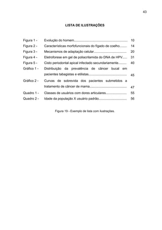 43



                                LISTA DE ILUSTRAÇÕES



Figura 1 -    Evolução do homem........................................................... 10
Figura 2 -    Características morfofuncionais do fígado de coelho........                  14
Figura 3 -    Mecanismos de adaptação celular....................................          20
Figura 4 -    Eletroforese em gel de poliacrilamida do DNA de HPV.....                     31
Figura 5 -    Cisto periodontal apical infectado secundariamente.........                  40
Gráfico 1 -   Distribuição da prevalência               de    câncer      bucal     em
              pacientes tabagistas e etilistas..........................................   45
Gráfico 2 -   Curvas de sobrevida dos pacientes submetidos a
              tratamento de câncer de mama.........................................        47
Quadro 1 -    Classes de usuários com dores articulares.......................             55
Quadro 2 -    Idade da população X usuário padrão...............................           56


                       Figura 19 - Exemplo de lista com ilustrações.
 