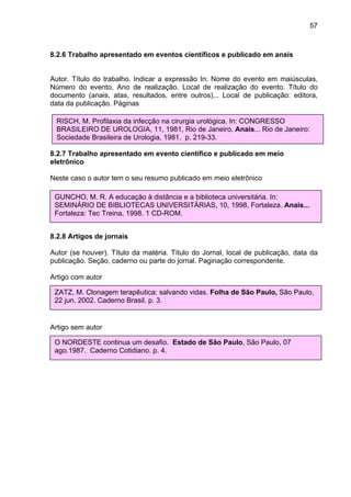 57



8.2.6 Trabalho apresentado em eventos científicos e publicado em anais


Autor. Título do trabalho. Indicar a expressão In: Nome do evento em maiúsculas,
Número do evento, Ano de realização. Local de realização do evento. Título do
documento (anais, atas, resultados, entre outros)... Local de publicação: editora,
data da publicação. Páginas

  RISCH, M. Profilaxia da infecção na cirurgia urológica. In: CONGRESSO
  BRASILEIRO DE UROLOGIA, 11, 1981, Rio de Janeiro. Anais... Rio de Janeiro:
  Sociedade Brasileira de Urologia, 1981. p. 219-33.

8.2.7 Trabalho apresentado em evento científico e publicado em meio
eletrônico

Neste caso o autor tem o seu resumo publicado em meio eletrônico

 GUNCHO, M. R. A educação à distância e a biblioteca universitária. In:
 SEMINÁRIO DE BIBLIOTECAS UNIVERSITÁRIAS, 10, 1998, Fortaleza. Anais...
 Fortaleza: Tec Treina, 1998. 1 CD-ROM.


8.2.8 Artigos de jornais

Autor (se houver). Título da matéria. Título do Jornal, local de publicação, data da
publicação. Seção, caderno ou parte do jornal. Paginação correspondente.

Artigo com autor

 ZATZ, M. Clonagem terapêutica: salvando vidas. Folha de São Paulo, São Paulo,
 22 jun. 2002. Caderno Brasil. p. 3.


Artigo sem autor

 O NORDESTE continua um desafio. Estado de São Paulo, São Paulo, 07
 ago.1987. Caderno Cotidiano. p. 4.
 
