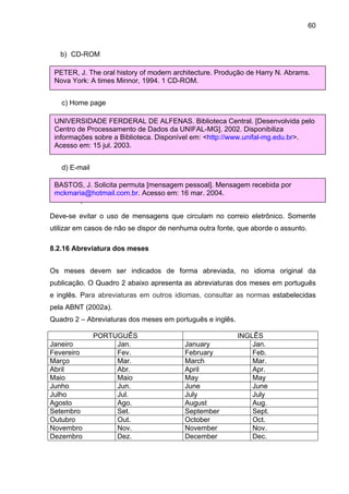 60



   b) CD-ROM

 PETER, J. The oral history of modern architecture. Produção de Harry N. Abrams.
 Nova York: A times Minnor, 1994. 1 CD-ROM.


   c) Home page

 UNIVERSIDADE FERDERAL DE ALFENAS. Biblioteca Central. [Desenvolvida pelo
 Centro de Processamento de Dados da UNIFAL-MG]. 2002. Disponibiliza
 informações sobre a Biblioteca. Disponível em: <http://www.unifal-mg.edu.br>.
 Acesso em: 15 jul. 2003.


   d) E-mail

 BASTOS, J. Solicita permuta [mensagem pessoal]. Mensagem recebida por
 mckmaria@hotmail.com.br. Acesso em: 16 mar. 2004.
Observe que:

Deve-se evitar o uso de mensagens que circulam no correio eletrônico. Somente
utilizar em casos de não se dispor de nenhuma outra fonte, que aborde o assunto.

8.2.16 Abreviatura dos meses


Os meses devem ser indicados de forma abreviada, no idioma original da
publicação. O Quadro 2 abaixo apresenta as abreviaturas dos meses em português
e inglês. Para abreviaturas em outros idiomas, consultar as normas estabelecidas
pela ABNT (2002a).
Quadro 2 – Abreviaturas dos meses em português e inglês.

               PORTUGUÊS                                   INGLÊS
Janeiro             Jan.                  January              Jan.
Fevereiro           Fev.                  February             Feb.
Março               Mar.                  March                Mar.
Abril               Abr.                  April                Apr.
Maio                Maio                  May                  May
Junho               Jun.                  June                 June
Julho               Jul.                  July                 July
Agosto              Ago.                  August               Aug.
Setembro            Set.                  September            Sept.
Outubro             Out.                  October              Oct.
Novembro            Nov.                  November             Nov.
Dezembro            Dez.                  December             Dec.
 