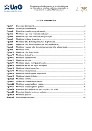 Manual de normalização: diretrizes de normalização técnica
na elaboração de trabalhos acadêmicos, dissertações e
teses, utilizando os padrões ABNT e Vancouver
LISTA DE ILUSTRAÇÕES
Figura 1	 Disposição de margens.......................................................................................................... 2
Quadro 1	 Disposição dos elementos...................................................................................................... 7
Figura 2	 Disposição dos elementos pré-textuais.................................................................................. 8
Figura 3	 Modelo de capa para cursos de graduação............................................................................ 9
Figura 4	 Modelo de capa para cursos de pós-graduação..................................................................... 9
Figura 5	 Modelo de lombada descendente......................................................................................... 10
Figura 6	 Modelo de folha de rosto para cursos de graduação.............................................................11
Figura 7	 Modelo de folha de rosto para cursos de pós-graduação......................................................11
Figura 8	 Modelo do verso da folha de rosto (estrutura da ficha catalográfica)................................... 12
Figura 9	 Modelo de errata................................................................................................................... 12
Figura 10	 Modelo de folha de aprovação.............................................................................................. 13
Figura 11	 Modelo de dedicatória........................................................................................................... 14
Figura 12	 Modelo de agradecimento.................................................................................................... 15
Figura 13	 Modelo de epígrafe............................................................................................................... 15
Figura 14	 Modelo de resumo na língua vernácula................................................................................ 16
Figura 15	 Modelo de resumo em língua estrangeira............................................................................ 17
Figura 16	 Modelo de lista de ilustrações............................................................................................... 18
Figura 17	 Modelo de lista de tabelas.................................................................................................... 18
Figura 18	 Modelo de lista de siglas e abreviaturas............................................................................... 19
Figura 19	 Modelo de lista de símbolos................................................................................................. 19
Figura 20	 Modelo de sumário............................................................................................................... 21
Figura 21	 Disposição dos elementos textuais....................................................................................... 22
Figura 22	 Modelo de apresentação de mapas...................................................................................... 25
Figura 23	 Modelo de apresentação de gráficos.................................................................................... 26
Figura 24	 Apresentação dos elementos que compõem uma tabela..................................................... 28
Figura 25	 Disposição dos elementos pós-textuais................................................................................ 41
Figura 26	 Modelo de glossário.............................................................................................................. 42
Quadro 2	 Abreviaturas dos meses....................................................................................................... 65
 