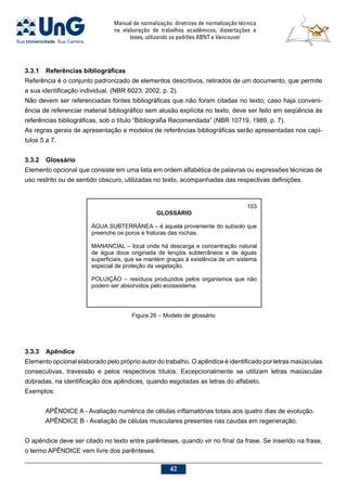Manual de normalização: diretrizes de normalização técnica
na elaboração de trabalhos acadêmicos, dissertações e
teses, utilizando os padrões ABNT e Vancouver
42
3.3.1	Referências bibliográficas
Referência é o conjunto padronizado de elementos descritivos, retirados de um documento, que permite
a sua identificação individual. (NBR 6023, 2002, p. 2).
Não devem ser referenciadas fontes bibliográficas que não foram citadas no texto; caso haja conveni-
ência de referenciar material bibliográfico sem alusão explícita no texto, deve ser feito em seqüência às
referências bibliográficas, sob o título “Bibliografia Recomendada” (NBR 10719, 1989, p. 7).
As regras gerais de apresentação e modelos de referências bibliográficas serão apresentadas nos capí-
tulos 5 a 7.
3.3.2	 Glossário
Elemento opcional que consiste em uma lista em ordem alfabética de palavras ou expressões técnicas de
uso restrito ou de sentido obscuro, utilizadas no texto, acompanhadas das respectivas definições.
103
GLOSSÁRIO
ÁGUA SUBTERRÂNEA – é aquela proveniente do subsolo que
preenche os poros e fraturas das rochas.
MANANCIAL – local onde há descarga e concentração natural
de água doce originada de lençóis subterrâneos e de águas
superficiais, que se mantém graças à existência de um sistema
especial de proteção da vegetação.
POLUIÇÃO – resíduos produzidos pelos organismos que não
podem ser absorvidos pelo ecossistema.
3.3.3	 Apêndice
Elemento opcional elaborado pelo próprio autor do trabalho. O apêndice é identificado por letras maiúsculas
consecutivas, travessão e pelos respectivos títulos. Excepcionalmente se utilizam letras maiúsculas
dobradas, na identificação dos apêndices, quando esgotadas as letras do alfabeto.
Exemplos:
APÊNDICE A - Avaliação numérica de células inflamatórias totais aos quatro dias de evolução.
APÊNDICE B - Avaliação de células musculares presentes nas caudas em regeneração.
O apêndice deve ser citado no texto entre parênteses, quando vir no final da frase. Se inserido na frase,
o termo APÊNDICE vem livre dos parênteses.
Figura 26 – Modelo de glossário
 