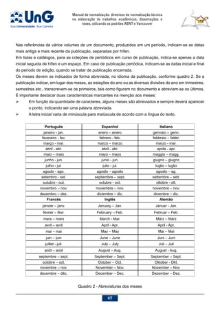 Manual de normalização: diretrizes de normalização técnica
na elaboração de trabalhos acadêmicos, dissertações e
teses, utilizando os padrões ABNT e Vancouver
65
Nas referências de vários volumes de um documento, produzidos em um período, indicam-se as datas
mais antiga e mais recente da publicação, separadas por hífen.
Em listas e catálogos, para as coleções de periódicos em curso de publicação, indica-se apenas a data
inicial seguida de hífen e um espaço. Em caso de publicação periódica, indicam-se as datas inicial e final
do período de edição, quando se tratar de publicação encerrada.
Os meses devem se indicados de forma abreviada, no idioma da publicação, conforme quadro 2. Se a
publicação indicar, em lugar dos meses, as estações do ano ou as diversas divisões do ano em trimestres,
semestres etc., transcrevem-se os primeiros, tais como figuram no documento e abreviam-se os últimos.
É importante destacar duas características marcantes na menção aos meses:
	 Em função da quantidade de caracteres, alguns meses são abreviados e sempre deverá aparecer
o ponto, indicando ser uma palavra abreviada.
	 A letra inicial varia de minúscula para maiúscula de acordo com a língua do texto.
Português Espanhol Italiano
janeiro - jan. enero – enero gennaio – genn.
fevereiro - fev. febrero - feb. febbraio – febbr.
março - mar. marzo – marzo marzo - mar.
abril - abr. abril - abr. aprile - apr.
maio – maio mayo – mayo maggio – magg.
junho - jun. junio - jun. giugno – giugno
julho - jul. julio - jul. luglio – luglio
agosto - ago. agosto – agosto agosto – ag.
setembro - set. septiembre – sept. settembre – sett.
outubro - out. octubre - oct. ottobre - ott.
novembro – nov. noviembre – nov. novembre – nov.
dezembro – dez. diciembre – dic. dicembre – dic.
Francês Inglês Alemão
janvier – janv. January – Jan. Januar - Jan.
février – févr. February – Feb. Februar – Feb.
mars – mars March - Mar. März – März
avril – avril April - Apr. April - Apr.
mai – mai May – May Mai – Mai
juin – juin June – June Juni – Juni
juillet - juil. July – July Juli – Juli
août – août August – Aug. August - Aug.
septembre – sept. September – Sept. September – Sept.
octobre – oct. October – Oct. Oktober - Okt.
novembre – nov. November – Nov. November – Nov.
decembre – déc. December – Dec. Dezember – Dez.
Quadro 2 - Abreviaturas dos meses
 