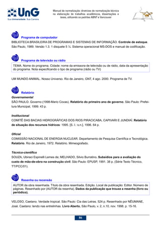 Manual de normalização: diretrizes de normalização técnica
na elaboração de trabalhos acadêmicos, dissertações e
teses, utilizando os padrões ABNT e Vancouver
86
	 Programa de computador
BIBLIOTECA BRASILEIRA DE PROGRAMAS E SISTEMAS DE INFORMAÇÃO. Controle de estoque.
São Paulo, 1989. Versão 1.3. 1 disquete 5 ¼. Sistema operacional MS-DOS e manual de codificação.
	 Programa de televisão ou rádio
TEMA. Nome do programa. Cidade: nome da emissora de televisão ou de rádio, data da apresentação
do programa. Nota especificando o tipo de programa (rádio ou TV)
UM MUNDO ANIMAL. Nosso Universo. Rio de Janeiro, GNT, 4 ago. 2000. Programa de TV.
	Relatório
Governamental
SÃO PAULO. Governo (1998-Mario Covas). Relatório do primeiro ano de governo. São Paulo: Prefei-
tura Municipal, 1999. 43 p.
Institucional
COMITÊ DAS BACIAS HIDROGRÁFICAS DOS RIOS PIRACICABA, CAPIVARI E JUNDIAÍ. Relatório
de situação dos recursos hídricos: 1995. [S. l.: s.n.], 1996. 64 p.
Oficial
COMISSÃO NACIONAL DE ENERGIA NUCLEAR. Departamento de Pesquisa Científica e Tecnológica.
Relatório. Rio de Janeiro, 1972. Relatório. Mimeografado.
Técnico-científico
SOUZA, Ubiraci Espinelli Lemes de; MELHADO, Silvio Burratino. Subsídios para a avaliação do
custo de mão-de-obra na construção civil. São Paulo: EPUSP, 1991. 38 p. (Série Texto Técnico,
TT/PCC/01).
	Resenha ou recensão
AUTOR da obra resenhada. Título da obra resenhada. Edição. Local de publicação: Editor. Número de
páginas. Resenhado por (AUTOR da resenha). Dados da publicação que trouxe a resenha (livro ou
periódico).
VELOSO, Caetano. Verdade tropical. São Paulo: Cia das Letras. 524 p. Resenhado por NÊUMANE,
José. Caetano: lendo nas entrelinhas. Livro Aberto, São Paulo, v. 2, n.10, nov. 1998. p. 15-16.
 