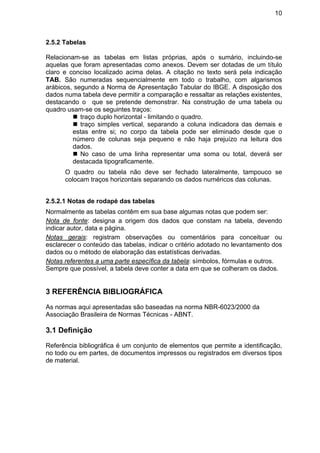 10
2.5.2 Tabelas
Relacionam-se as tabelas em listas próprias, após o sumário, incluindo-se
aquelas que foram apresentadas como anexos. Devem ser dotadas de um título
claro e conciso localizado acima delas. A citação no texto será pela indicação
TAB. São numeradas sequencialmente em todo o trabalho, com algarismos
arábicos, segundo a Norma de Apresentação Tabular do IBGE. A disposição dos
dados numa tabela deve permitir a comparação e ressaltar as relações existentes,
destacando o que se pretende demonstrar. Na construção de uma tabela ou
quadro usam-se os seguintes traços:
traço duplo horizontal - limitando o quadro.
traço simples vertical, separando a coluna indicadora das demais e
estas entre si; no corpo da tabela pode ser eliminado desde que o
número de colunas seja pequeno e não haja prejuízo na leitura dos
dados.
No caso de uma linha representar uma soma ou total, deverá ser
destacada tipograficamente.
O quadro ou tabela não deve ser fechado lateralmente, tampouco se
colocam traços horizontais separando os dados numéricos das colunas.
2.5.2.1 Notas de rodapé das tabelas
Normalmente as tabelas contêm em sua base algumas notas que podem ser:
Nota de fonte: designa a origem dos dados que constam na tabela, devendo
indicar autor, data e página.
Notas gerais: registram observações ou comentários para conceituar ou
esclarecer o conteúdo das tabelas, indicar o critério adotado no levantamento dos
dados ou o método de elaboração das estatísticas derivadas.
Notas referentes a uma parte específica da tabela: símbolos, fórmulas e outros.
Sempre que possível, a tabela deve conter a data em que se colheram os dados.
3 REFERÊNCIA BIBLIOGRÁFICA
As normas aqui apresentadas são baseadas na norma NBR-6023/2000 da
Associação Brasileira de Normas Técnicas - ABNT.
3.1 Definição
Referência bibliográfica é um conjunto de elementos que permite a identificação,
no todo ou em partes, de documentos impressos ou registrados em diversos tipos
de material.
 