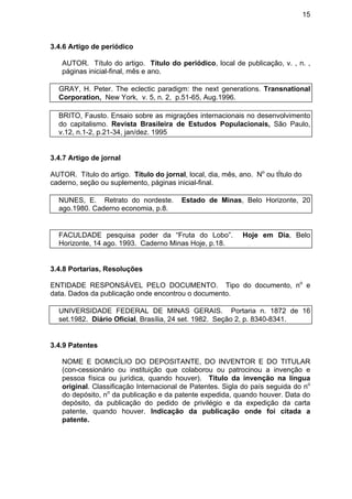 15
3.4.6 Artigo de periódico
AUTOR. Título do artigo. Título do periódico, local de publicação, v. , n. ,
páginas inicial-final, mês e ano.
GRAY, H. Peter. The eclectic paradigm: the next generations. Transnational
Corporation, New York, v. 5, n. 2, p.51-65, Aug.1996.
BRITO, Fausto. Ensaio sobre as migrações internacionais no desenvolvimento
do capitalismo. Revista Brasileira de Estudos Populacionais, São Paulo,
v.12, n.1-2, p.21-34, jan/dez. 1995
3.4.7 Artigo de jornal
AUTOR. Título do artigo. Título do jornal, local, dia, mês, ano. No
ou tÍtulo do
caderno, seção ou suplemento, páginas inicial-final.
NUNES, E. Retrato do nordeste. Estado de Minas, Belo Horizonte, 20
ago.1980. Caderno economia, p.8.
FACULDADE pesquisa poder da “Fruta do Lobo”. Hoje em Dia, Belo
Horizonte, 14 ago. 1993. Caderno Minas Hoje, p.18.
3.4.8 Portarias, Resoluções
ENTIDADE RESPONSÁVEL PELO DOCUMENTO. Tipo do documento, no
e
data. Dados da publicação onde encontrou o documento.
UNIVERSIDADE FEDERAL DE MINAS GERAIS. Portaria n. 1872 de 16
set.1982. Diário Oficial, Brasília, 24 set. 1982. Seção 2, p. 8340-8341.
3.4.9 Patentes
NOME E DOMICÍLIO DO DEPOSITANTE, DO INVENTOR E DO TITULAR
(con-cessionário ou instituição que colaborou ou patrocinou a invenção e
pessoa física ou jurídica, quando houver). Titulo da invenção na língua
original. Classificação Internacional de Patentes. Sigla do país seguida do no
do depósito, no
da publicação e da patente expedida, quando houver. Data do
depósito, da publicação do pedido de privilégio e da expedição da carta
patente, quando houver. Indicação da publicação onde foi citada a
patente.
 