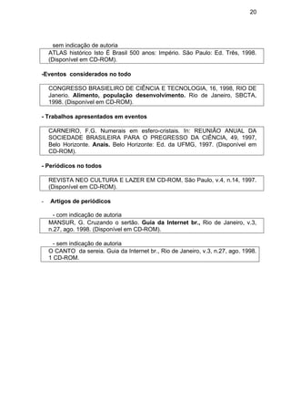 20
sem indicação de autoria
ATLAS histórico Isto É Brasil 500 anos: Império. São Paulo: Ed. Três, 1998.
(Disponível em CD-ROM).
-Eventos considerados no todo
CONGRESSO BRASIELIRO DE CIÊNCIA E TECNOLOGIA, 16, 1998, RIO DE
Janerio. Alimento, população desenvolvimento. Rio de Janeiro, SBCTA,
1998. (Disponível em CD-ROM).
- Trabalhos apresentados em eventos
CARNEIRO, F.G. Numerais em esfero-cristais. In: REUNIÃO ANUAL DA
SOCIEDADE BRASILEIRA PARA O PREGRESSO DA CIÊNCIA, 49, 1997,
Belo Horizonte. Anais. Belo Horizonte: Ed. da UFMG, 1997. (Disponível em
CD-ROM).
- Periódicos no todos
REVISTA NEO CULTURA E LAZER EM CD-ROM, São Paulo, v.4, n.14, 1997.
(Disponível em CD-ROM).
- Artigos de periódicos
- com indicação de autoria
MANSUR, G. Cruzando o sertão. Guia da Internet br., Rio de Janeiro, v.3,
n.27, ago. 1998. (Disponível em CD-ROM).
- sem indicação de autoria
O CANTO da sereia. Guia da Internet br., Rio de Janeiro, v.3, n.27, ago. 1998.
1 CD-ROM.
 