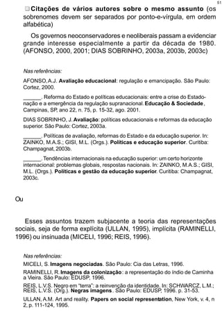 51
        Citações de vários autores sobre o mesmo assunto (os
     sobrenomes devem ser separados por ponto-e-vírgula, em ordem
     alfabética)
       Os governos neoconservadores e neoliberais passam a evidenciar
     grande interesse especialmente a partir da década de 1980.
     (AFONSO, 2000, 2001; DIAS SOBRINHO, 2003a, 2003b, 2003c)


  Nas referências:
  AFONSO, A.J. Avaliação educacional: regulação e emancipação. São Paulo:
  Cortez, 2000.
  ______. Reforma do Estado e políticas educacionais: entre a crise do Estado-
  nação e a emergência da regulação supranacional. Educação & Sociedade ,
  Campinas, SP, ano 22, n. 75, p. 15-32, ago. 2001.
  DIAS SOBRINHO, J. Avaliação: políticas educacionais e reformas da educação
  superior. São Paulo: Cortez, 2003a.
  ______. Políticas de avaliação, reformas do Estado e da educação superior. In:
  ZAINKO, M.A.S.; GISI, M.L. (Orgs.). Políticas e educação superior. Curitiba:
  Champagnat, 2003b.
  ______. Tendências internacionais na educação superior: um certo horizonte
  internacional: problemas globais, respostas nacionais. In: ZAINKO, M.A.S.; GISI,
  M.L. (Orgs.). Políticas e gestão da educação superior. Curitiba: Champagnat,
  2003c.



Ou


   Esses assuntos trazem subjacente a teoria das representações
sociais, seja de forma explícita (ULLAN, 1995), implícita (RAMINELLI,
1996) ou insinuada (MICELI, 1996; REIS, 1996).

  Nas referências:
  MICELI, S. Imagens negociadas. São Paulo: Cia das Letras, 1996.
  RAMINELLI, R. Imagens da colonização: a representação do índio de Caminha
  a Vieira. São Paulo: EDUSP, 1996.
  REIS, L.V.S. Negro em “terra”: a reinvenção da identidade. In: SCHWARCZ, L.M.;
  REIS, L.V.S. (Org.). Negras imagens. São Paulo: EDUSP 1996. p. 31-53.
                                                            ,
  ULLAN, A.M. Art and reality. Papers on social representation, New York, v. 4, n
  2, p. 111-124, 1995.
 