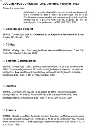 60

     DOCUMENTOS JURÍDICOS (Leis, Decretos, Portarias, etc.)
     Elementos essenciais:
                          Jurisdição (ou cabeçalho da entidade, no caso de se tratar de normas),
                          título, numeração, data e dados da publicação. No caso de
                          Constituições e suas emendas, entre o nome da jurisdição e o título,
                          acrescenta-se a palavra Constituição, seguida do ano da
                          promulgação, entre parênteses. (ABNT NBR 6023, 2002)


        Constituição Federal

     BRASIL. Constituição (1988). Constituição da República Federativa do Brasil.
     Brasília, DF: Senado, 1988.


        Código

     BRASIL. Código civil. Coordenação Maurício Antônio Ribeiro Lopes. 5. ed. São
     Paulo: Revista dos Tribunais, 2000.


        Emenda Constitucional

     BRASIL. Constituição (1988). Emenda constitucional n o. 9, de 9 de novembro de
     1995. Dá nova redação ao art. 177 da Constituição Federal, alterando e inserindo
     parágrafos. Lex: coletânea de legislação e jurisprudência: legislação federal e
     marginália, São Paulo, v. 59, p. 1966, out./dez. 1995.



        Decreto

     BRASIL. Decreto no. 99.462, de 16 de agosto de 1990. Transfere dotações
     consignadas no Orçamento Fiscal da União e dá outras providências. Lex:
     legislação federal e marginália, São Paulo, v. 54, p. 990, jul./set. 1990.




        Portaria

     BRASIL. Ministério do Meio Ambiente. Instituto Brasileiro do Meio Ambiente e dos
     Recursos Naturais Renováveis. Portaria n o 2-N, de 28 de janeiro de 1999. Altera e
     exclui dispositivos da ... Lex: legislação federal e marginália, São Paulo, v. 62, n. 1,
     p. 423, jan. 1999.
 