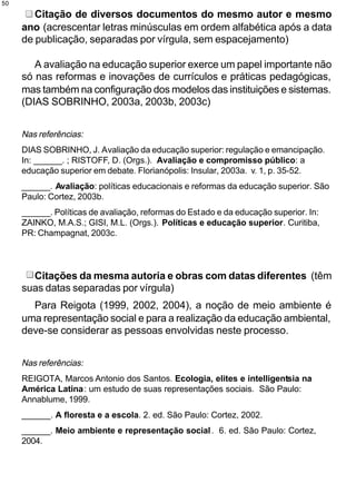 50

        Citação de diversos documentos do mesmo autor e mesmo
     ano (acrescentar letras minúsculas em ordem alfabética após a data
     de publicação, separadas por vírgula, sem espacejamento)

        A avaliação na educação superior exerce um papel importante não
     só nas reformas e inovações de currículos e práticas pedagógicas,
     mas também na configuração dos modelos das instituições e sistemas.
     (DIAS SOBRINHO, 2003a, 2003b, 2003c)


     Nas referências:
     DIAS SOBRINHO, J. Avaliação da educação superior: regulação e emancipação.
     In: ______. ; RISTOFF, D. (Orgs.). Avaliação e compromisso público: a
     educação superior em debate. Florianópolis: Insular, 2003a. v. 1, p. 35-52.
     ______. Avaliação: políticas educacionais e reformas da educação superior. São
     Paulo: Cortez, 2003b.
     ______. Políticas de avaliação, reformas do Estado e da educação superior. In:
     ZAINKO, M.A.S.; GISI, M.L. (Orgs.). Políticas e educação superior. Curitiba,
     PR: Champagnat, 2003c.




       Citações da mesma autoria e obras com datas diferentes (têm
     suas datas separadas por vírgula)
       Para Reigota (1999, 2002, 2004), a noção de meio ambiente é
     uma representação social e para a realização da educação ambiental,
     deve-se considerar as pessoas envolvidas neste processo.


     Nas referências:
     REIGOTA, Marcos Antonio dos Santos. Ecologia, elites e intelligentsia na
     América Latina: um estudo de suas representações sociais. São Paulo:
     Annablume, 1999.
     ______. A floresta e a escola. 2. ed. São Paulo: Cortez, 2002.
     ______. Meio ambiente e representação social . 6. ed. São Paulo: Cortez,
     2004.
 
