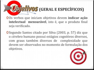 OBJETIVOS (GERAL E ESPECÍFICOS) 
0Os verbos que iniciam objetivos devem indicar ação 
intelectual mensurável, isto é, que o produto final 
seja verificado. 
0Segundo Santos citado por Silva (2003, p. 57) diz que 
o cérebro humano possui estágios cognitivos diversos, 
com graus também diversos de complexidade que 
devem ser observados no momento de formulação dos 
objetivos. 
 