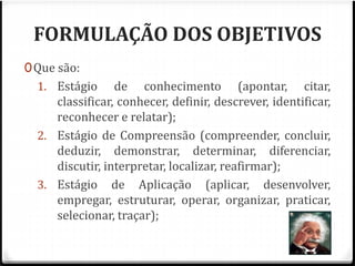 FORMULAÇÃO DOS OBJETIVOS 
0Que são: 
1. Estágio de conhecimento (apontar, citar, 
classificar, conhecer, definir, descrever, identificar, 
reconhecer e relatar); 
2. Estágio de Compreensão (compreender, concluir, 
deduzir, demonstrar, determinar, diferenciar, 
discutir, interpretar, localizar, reafirmar); 
3. Estágio de Aplicação (aplicar, desenvolver, 
empregar, estruturar, operar, organizar, praticar, 
selecionar, traçar); 
 