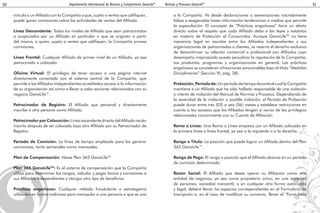 Departamento Internacional de Normas y Cumplimiento GanoLifeTM
50 Normas y Procesos GanoLifeTM
51
vincula a un Afiliado con la Compañía y que, sujeto a ventas que califiquen,
puede ganar comisiones sobre las actividades de ventas del Afiliado.
Línea Descendente: Todos los niveles de Afiliado que sean patrocinados
o auspiciados por un Afiliado en particular o que se originen a partir
del mismo, a quien, sujeto a ventas que califiquen, la Compañía provea
comisiones.
Línea Frontal: Cualquier Afiliado de primer nivel de un Afiliado, ya sea
patrocinado o colocado.
Oficina Virtual: El privilegio de tener acceso a una página internet
directamente conectada con el sistema central de la Compañía, que
permite a los Afiliados Independientes acreditados acceso a la información
de su organización así como a llevar a cabo acciones relacionadas con su
negocio GanoLife™.
Patrocinador de Registro: El Afiliado que personal y directamente
inscribe a otra persona como Afiliado.
Patrocinador por Colocación: Línea ascendente directa del Afiliado recién
inscrito después de ser colocado bajo otro Afiliado por su Patrocinador de
Registro.
Período de Comisión: La línea de tiempo empleada para las generar
comisiones, tanto semanales como mensuales.
Plan de Compensación: Véase Plan 365 GanoLifeTM
Plan 365 GanoLifeTM
: Es el sistema de compensación que la Compañía
utiliza para determinar los rangos, calcular y pagar bonos y comisiones a
sus Afiliados Independientes y otorgar otro tipo de beneficios.
Prácticas engañosas: Cualquier método fraudulento o estratagema
utilizados en forma maliciosa para manipular a una persona a que se una
a la Compañía. Va desde declaraciones o aseveraciones rotundamente
falsas o exageradas hasta información tendenciosa a medias que permite
la especulación. El concepto de “Prácticas engañosas” tiene un efecto
directo sobre el respeto que cada Afiliado debe a las leyes y estatutos
en materia de Protección al Consumidor. Aunque GanoLifeTM
no tiene
injerencia legal en asuntos entre los Afiliados Independientes y sus
organizaciones de patrocinados o clientes, se reserva el derecho exclusivo
de descontinuar su relación comercial o profesional con Afiliados cuyo
desempeño inapropiado pueda perjudicar la reputación de la Compañía,
sus productos, programas y organizaciones en general. Las prácticas
engañosas se consideran infracciones sancionables bajo el título “Medidas
Disciplinarias” (Sección VI, pág. 38).
Probación, Período de: Un período de tiempo durante el cual la Compañía
mantiene a un Afiliado que ha sido hallado responsable de una violación
o intento de violación del Manual de Normas y Procesos. Dependiendo de
la severidad de la violación o posible violación, el Período de Probación
puede durar entre tres (03) a seis (06) meses y establece restricciones en
cuanto a los accesos que los Afiliados tengan a varios de los privilegios
relacionados comúnmente con su Cuenta de Afiliación.
Rama o Línea: Una Rama o Línea empieza con un Afiliado colocado en
la primera línea o línea frontal, ya sea a la izquierda o a la derecha.
Rango o Título: La posición que puede lograr un Afiliado dentro del Plan
365 GanoLife™.
Rango de Pago: El rango o posición que el Afiliado alcance en un período
de comisión determinado.
Razón Social: El Afiliado que desee operar su Afiliación como una
entidad de negocios, ya sea como propietario único, en una sociedad
de personas, sociedad mercantil, o en cualquier otra forma autorizada
y legal, deberá llenar los espacios correspondientes en el Formulario de
Inscripción o, en el caso de modificar su convenio, llenar el “Formulario
 