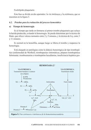 Fosfolípido plaquetario
     Esta fase se divide en dos apartados: la vía intrínseca y la extrínseca, que se
muestran en la figura 3.

6.2.    Pruebas para la evaluación del proceso hemostático
a) Tiempo de hemorragia
      Es el tiempo que tarda en formarse el primer trombo plaquetario que ocluye
la herida producida, evitando la hemorragia. Se puede determinar por la técnica de
Duke, que ofrece valores normales entre 2 y 5 minutos, y la técnica de Ivy, entre 3
y 11 minutos.
    Es normal en la hemofilia, aunque luego se libera el trombo y reaparece la
hemorragia.
      Está alargado en patologías como la diátesis hemorrágica de tipo trombopá-
tico (enfermedad de Werlhof), trombopenias sintomáticas, púrpura trombopénica
fulminante, tromboastenias o trombopatías hereditarias, insuficiencia hepática gra-



                                                    HEMOSTASIA 2.ª
            VIA INTRINSECA                                                                VIA EXTRINSECA
       Traumatismo hemático o contacto                                                    Traumatismo tisular
                con colágnea
                        KAPM
                        Precalicreína
         XII               XIIa                               Antitrombina                    Factor tisular

                XI                   XIa

                          IX                IXa               Protrombina
                                   Ca2+
                                    X               Xa                              Xa                         X
                                        Ca2+, FLP                                          VII, Ca2+, FLT
                                          VIIIa                        Ca2+,   FL
                                                         Va       Trombina
                                                                               XIIIa
                    Proteína S                      Fibrinóneno                 Fibrina
       Proteína C                Proteína C act.

  Figura 3: Vías extrinseca e intrínseca de la hemostasiasecundaria.




                                        CAPITULO II: ANALISIS HEMATOLOGICO CLINICO                                 101
 