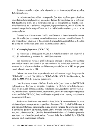 Se observan valores altos en la miastenia grave, síndrome nefrótico y en los
diabéticos obesos.
      La colinesteremia se utiliza como prueba funcional hepática, pues disminu-
ye en la insuficiencia hepática y su análisis da idea del pronóstico de la enferme-
dad. Igualmente es útil en la monitorización de los transplantes de hígado. Tam-
bién disminuye en la miotonía congénita, hipoproteinemias, por la acción de
insecticidas que inhiben específicamente la actividad colinesterásica, y en la escle-
rosis en placas.
      Por otro lado el aumento en líquido amniótico de la isoenzima colinesterasa
específica del tejido nervioso y muscular (junto con una concentración elevada de
alfa-fetoproteína) sirve para el diagnóstico de anencefalia, espina bífida y defectos
del cierre del tubo neural, entre otras malformaciones fetales.

2.5.   Creatín-fosfo-quinasa (CPK O CK)
     Su función es la producción de ATP. Los valores normales son inferiores a
160 UI/l en hombres, y menores de 130 UI/l en mujeres.
      Son muchos los métodos empleados para analizar el enzima, pero destaca
una técnica cinética que consiste en una secuencia de reacciones acopladas, con
aumento de la absorbancia final medido en espectrofotómetro a 340 nm propor-
cional a la actividad de la CK.
    Existen tres isoenzimas separadas electroforéticamente en gel de agarosa: la
CPK-1 o BB cerebral (96-100%), la CPK-2 o MB (< 4% del total) cardíaca y la
CPK-3 o MM (0%) del músculo esquelético.
       Las cifras aumentan en el infarto de miocardio (concretamente la CPK-MB
en los primeros días), en las miopatías congénitas (la CK-MM en la distrofia mus-
cular progresiva) y en las adquiridas, en rabdomiolisis, accidentes cerebrovascula-
res, traumatismos, hipotiroidismo, alcoholismo, shock no cardiogénico (aparece
primero sólo la CPK-MM), intoxicación con drogas de abuso, coma y en esfuerzos
musculares violentos.
      Se destacan dos formas macromoleculares de la CK encontradas en las neo-
plasias malignas, aunque no son específicas: la macro CK-1 (es la CK-BB unida a
una inmunoglobulina), que aumenta en una amplia variedad de neoplasias, como
el carcinoma gástrico, de pulmón, mama, útero, próstata, testiculos, vejiga, linfo-
mas, etc., y la macro CK-2 (posible forma mitocondrial de la CK-MM), que suele
asociarse con el carcinoma de colon. Por otro lado, la actividad de la CK-BB
aumenta en el carcinoma de próstata.


110    PRIMERA PARTE: PRUEBAS DE LABORATORIOS Y FUNCIONALES
 