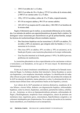 —    350 U/l en niños de 1 a 12 años.
      — 280 U/l en niñas de 10 a 14 años y 275 U/l en niños de la misma edad,
        y 500 U/l en varones entre 12 y 15 años.
      —    150 y 155 U/l en niñas y niños de 15 a 19 años, respectivamente.
      —    85-110 en mujeres adultas y 90-135 en varones adultos.
      — 145-165 U/l en mujeres de 65 o más años y 140-190 U/l en hombres de
        la misma edad.
      Según el laboratorio que lo realice, se encontrarán diferencias en los resulta-
dos. Los métodos de análisis son espectrofotométricos de punto final o cinético. Se
distinguen varias isoenzimas por electroforesis en gel de poliacrilamida, aunque
las técnicas de isoelectroenfoque ofrecen resultados mejores:
      — Dos fracciones hepáticas son las isoenzimas I y II (45% en adultos, 5%
        en niños y 60% en ancianos), que emigran entre las bandas a-1-a-2, y
        aumentan en la cirrosis.
      — Otra ósea (45% en adultos, 85% en niños y 30% en ancianos), en la
        banda pre-ß junto a una isoenzima placentaria en la mujer embarazada.
      — Una fracción intestinal en la banda gamma (<10%). Su déficit provoca
        problemas de malabsorción.
      La isoenzima placentaria se eleva especialmente en los carcinomas ováricos
o testiculares y en fumadores, en los que es 10 veces mayor. Se determina por
inmunoensayo.
      Existe en el cáncer (metástasis osteoblásticas y hepáticas) la llamada isoen-
zima de Regan. La fosfatasa alcalina fetal intestinal o forma Kasahara se asocia
con hepatomas y con neoplasias intestinales malignas. La identificación de todas
ellas ofrecen un gran valor diagnóstico. Puede ocurrir una producción ectópica de
la ALP en cánceres de pulmón, mama, páncreas y colon. La disminución de la iso-
enzima macro (biliar) tiene valor pronóstico bueno en las hepatitis y cirrosis.
       Los valores de la ALP aumentan en ictericia obstructiva, neoplasias de la
vías biliares, cirrosis biliar, diabetes con degeneración hepática, enfermedades
hepáticas, como la cirrosis, hepatomas, sarcoidosis, periarteritis nodosa, colelitia-
sis, etc.. Asimismo, se eleva en hiperparatiroidismo primario, enfermedades de
Paget y Recklinghausen, neoplasias óseas osteogénicas, cáncer de próstata con
metástasis ósea, raquitismo grave, osteomalacia, hiperfosfatasia congénita y en
colestasis intrahepática por clorpromazina. No se aprecia elevación en los tumores
óseos osteolíticos, en el mieloma ni en la osteoporosis.


112   PRIMERA PARTE: PRUEBAS DE LABORATORIOS Y FUNCIONALES
 