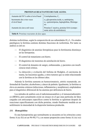 PROTEINAS REACTANTES DE FASE AGUDA

  Aumento del 50 % sobre el nivel basal   Ceruloplasmina, C3
  Incremento dos o tres veces             a1-glicoproteína ácida, a1-antitripsina,
  el nivel basal                          a1- quimiotripsina, haptoglobina, fibrinóge-
                                          no.
  Aumento de cien a mil veces             Proteína C reactiva, proteína SAA (compo-
                                          nente sérico de amiloidosis)
  Tabla 8: Proteínas reactantes de fase agua.


distintas isoferritinas, según la composición de sus subunidades H y L. En estados
patológicos la ferritina contiene distintas fracciones de isoferritina. Por tanto su
análisis es útil en:
       — El diagnóstico de anemias ferropénicas pues la ferritinemia disminuye
         en las ferropenias.
       —    El control de tratamiento con hierro.
       —    El diagnóstico de trastornos de asimilación de hierro.
       — El control de donantes de sangre, embarazadas, y pacientes con insufi-
         ciencia renal crónica.
       — La detección y evolución del linfoma de Hodgkin, el carcinoma de
         mama, las leucemias agudas, y otros tumores que se están relacionando
         con la ferritina en los últimos años.
      Además la ferritina aumenta en hemocromatosis, artritis reumatoide, en-
fermedad de Gaucher, alcoholismo y cáncer de pulmón. Igualmente, la ferritina se
eleva en anemias crónicas (infecciosas, inflamatorias y neoplásicas), empleándose
para el diagnóstico diferencial de las anemias por deficiencia de hierro.
      Los métodos de análisis son el radioinmunoanálisis y el inmunorradiométri-
co (IRMA), pero actualmente existe un ensayo en el que unas partículas de látex
cargadas con anticuerpos específicos contra la ferritina se aglutinan después de
reaccionar especificamente con dicha proteína, siendo finalmente medida en un
nefelómetro la intensidad de la dispersión luminosa producida.

3.9.   Hemoglobina
     Es una hemoproteína que normalmente se encuentra en los eritrocitos como
forma A (a2 ß2) en un 96-98,5 % y en menor proporción como forma A2 (a2 a2)


           CAPITULO III: PRUEBAS Y PARAMETROS BIOQUIMICOS EN SANGRE                      123
 
