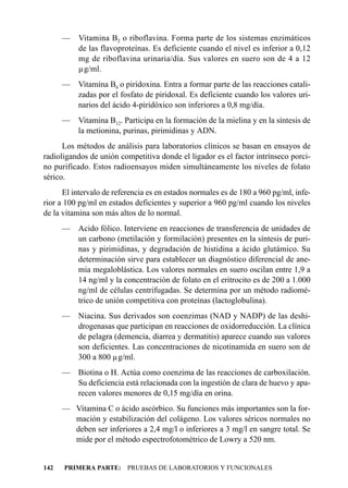 —    Vitamina B2 o riboflavina. Forma parte de los sistemas enzimáticos
           de las flavoproteínas. Es deficiente cuando el nivel es inferior a 0,12
           mg de riboflavina urinaria/día. Sus valores en suero son de 4 a 12
           µg/ml.
      — Vitamina B6 o piridoxina. Entra a formar parte de las reacciones catali-
        zadas por el fosfato de piridoxal. Es deficiente cuando los valores uri-
        narios del ácido 4-piridóxico son inferiores a 0,8 mg/día.
      — Vitamina B12. Participa en la formación de la mielina y en la síntesis de
        la metionina, purinas, pirimidinas y ADN.
      Los métodos de análisis para laboratorios clínicos se basan en ensayos de
radioligandos de unión competitiva donde el ligador es el factor intrínseco porci-
no purificado. Estos radioensayos miden simultáneamente los niveles de folato
sérico.
      El intervalo de referencia es en estados normales es de 180 a 960 pg/ml, infe-
rior a 100 pg/ml en estados deficientes y superior a 960 pg/ml cuando los niveles
de la vitamina son más altos de lo normal.
      — Acido fólico. Interviene en reacciones de transferencia de unidades de
        un carbono (metilación y formilación) presentes en la síntesis de puri-
        nas y pirimidinas, y degradación de histidina a ácido glutámico. Su
        determinación sirve para establecer un diagnóstico diferencial de ane-
        mia megaloblástica. Los valores normales en suero oscilan entre 1,9 a
        14 ng/ml y la concentración de folato en el eritrocito es de 200 a 1.000
        ng/ml de células centrifugadas. Se determina por un método radiomé-
        trico de unión competitiva con proteínas (lactoglobulina).
      — Niacina. Sus derivados son coenzimas (NAD y NADP) de las deshi-
        drogenasas que participan en reacciones de oxidorreducción. La clínica
        de pelagra (demencia, diarrea y dermatitis) aparece cuando sus valores
        son deficientes. Las concentraciones de nicotinamida en suero son de
        300 a 800 µg/ml.
      — Biotina o H. Actúa como coenzima de las reacciones de carboxilación.
        Su deficiencia está relacionada con la ingestión de clara de huevo y apa-
        recen valores menores de 0,15 mg/día en orina.
      — Vitamina C o ácido ascórbico. Su funciones más importantes son la for-
        mación y estabilización del colágeno. Los valores séricos normales no
        deben ser inferiores a 2,4 mg/l o inferiores a 3 mg/l en sangre total. Se
        mide por el método espectrofotométrico de Lowry a 520 nm.


142   PRIMERA PARTE: PRUEBAS DE LABORATORIOS Y FUNCIONALES
 