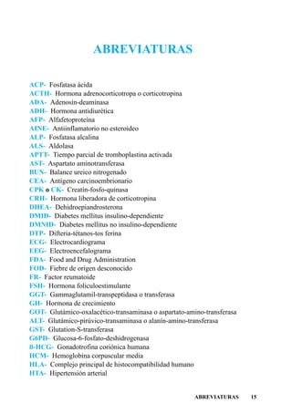 ABREVIATURAS

ACP- Fosfatasa ácida
ACTH- Hormona adrenocorticotropa o corticotropina
ADA- Adenosín-deaminasa
ADH- Hormona antidiurética
AFP- Alfafetoproteína
AINE- Antiinflamatorio no esteroideo
ALP- Fosfatasa alcalina
ALS- Aldolasa
APTT- Tiempo parcial de tromboplastina activada
AST- Aspartato aminotransferasa
BUN- Balance ureico nitrogenado
CEA- Antígeno carcinoembrionario
CPK o CK- Creatín-fosfo-quinasa
CRH- Hormona liberadora de corticotropina
DHEA- Dehidroepiandrosterona
DMID- Diabetes mellitus insulino-dependiente
DMNID- Diabetes mellitus no insulino-dependiente
DTP- Difteria-tétanos-tos ferina
ECG- Electrocardiograma
EEG- Electroencefalograma
FDA- Food and Drug Administration
FOD- Fiebre de origen desconocido
FR- Factor reumatoide
FSH- Hormona foliculoestimulante
GGT- Gammaglutamil-transpeptidasa o transferasa
GH- Hormona de crecimiento
GOT- Glutámico-oxalacético-transaminasa o aspartato-amino-transferasa
ALT- Glutámico-pirúvico-transaminasa o alanín-amino-transferasa
GST- Glutation-S-transferasa
G6PD- Glucosa-6-fosfato-deshidrogenasa
ß-HCG- Gonadotrofina coriónica humana
HCM- Hemoglobina corpuscular media
HLA- Complejo principal de histocompatibilidad humano
HTA- Hipertensión arterial


                                                       ABREVIATURAS     15
 