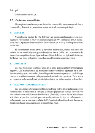 2.6.    pH
       Generalmente es de 7,4.

2.7.    Parámetros inmunológicos
    El complemento disminuye en la artritis reumatoide, mientras que el factor
reumatoide y los anticuerpos antinucleares, ascienden en esta patología.

3.     CELULAS
      Normalmente existen de 10 a 200/mm3, en su mayoría leucocitos. Los poli-
nucleares representan el 7% y los mononucleares el 70% (linfocitos 25% y mono-
citos 48%). Aparecen también células sinoviales en un 3-5% y células plasmáticas
en un 10%.
     Se incrementan en las artritis y derrames traumáticos, siendo más altos los
valores en las artritis sépticas que en las que no lo son (tabla 14). La presencia de
monocitos con polinucleares fagocitados o células de Reiter, es típica del síndrome
de Reiter y de otras poliartritis como la espondiloartritis anquilopoyética.

4.     CRISTALES
      Los más frecuentes son los de urato en la gota, que presentan birrefringencia
negativa. Los microcristales de pirofosfato cálcico-dihidrato aparecen en la con-
drocalcinosis y dan, en cambio, birrefringencia levemente positiva. Un hallazgo
raro en la artritis reumatoide es la presencia de cristales de colesterol. En la artro-
sis podemos hallar cristales de pirofosfato cálcico, de hidroxiapatita o de ambos.

5.     DIAGNOSTICO DIFERENCIAL
      Las afecciones articulares pueden encuadrarse en tres principales grupos: no
inflamatorias, inflamatorias y sépticas. Cada uno presenta un líquido sinovial con
una serie de características que lo diferencia (Tabla 14). Aparte de las infecciones
articulares se pueden producir pues otras alteraciones de tipo no inflamatorio e
inflamatorio, que se muestran en la tabla 15. Mediante el análisis de este líquido se
podrá pues hacer un acercamiento al diagnóstico final.




                                            CAPITULO V: LIQUIDO SINOVIAL           161
 