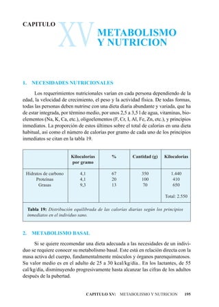 XV
CAPITULO
                                          METABOLISMO
                                          Y NUTRICION


1.     NECESIDADES NUTRICIONALES

      Los requerimientos nutricionales varían en cada persona dependiendo de la
edad, la velocidad de crecimiento, el peso y la actividad física. De todas formas,
todas las personas deben nutrirse con una dieta diaria abundante y variada, que ha
de estar integrada, por término medio, por unos 2,5 a 3,5 l de agua, vitaminas, bio-
elementos (Na, K, Ca, etc.), oligoelementos (F, Cr, I, Al, Fe, Zn, etc.), y principios
inmediatos. La proporción de estos últimos sobre el total de calorías en una dieta
habitual, así como el número de calorías por gramo de cada uno de los principios
inmediatos se citan en la tabla 19.


                           Kilocalorías        %          Cantidad (g)    Kilocalorías
                           por gramo

 Hidratos de carbono           4,1             67             350            1.440
      Proteínas                4,1             20             100             410
       Grasas                  9,3             13              70             650

                                                                          Total: 2.550

     Tabla 19: Distribución equilibrada de las calorías diarias según los principios
     inmediatos en el individuo sano.


2.     METABOLISMO BASAL

      Si se quiere recomendar una dieta adecuada a las necesidades de un indivi-
duo se requiere conocer su metabolismo basal. Este está en relación directa con la
masa activa del cuerpo, fundamentalmente músculos y órganos parenquimatosos.
Su valor medio es en el adulto de 25 a 30 kcal/kg/día.. En los lactantes, de 55
cal/kg/día, disminuyendo progresivamente hasta alcanzar las cifras de los adultos
después de la pubertad.


                                     CAPITULO XV: METABOLISMO Y NUTRICION              195
 
