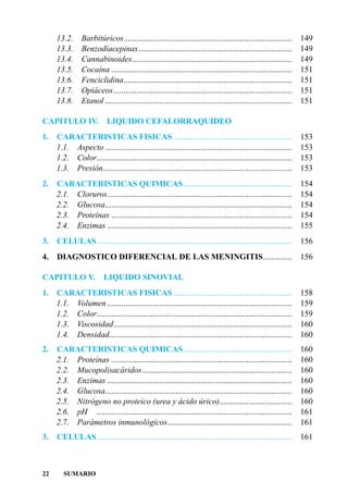 13.2.      Barbitúricos.................................................................................       149
     13.3.      Benzodiacepinas..........................................................................           149
     13.4.      Cannabinoides.............................................................................          149
     13.5.      Cocaína .......................................................................................     151
     13.6.      Fenciclidina.................................................................................       151
     13.7.      Opiáceos......................................................................................      151
     13.8.      Etanol ..........................................................................................   151

CAPITULO IV.               LIQUIDO CEFALORRAQUIDEO
1.   CARACTERISTICAS FISICAS .........................................................                              153
     1.1. Aspecto ..........................................................................................        153
     1.2. Color..............................................................................................       153
     1.3. Presión...........................................................................................        153
2. CARACTERISTICAS QUIMICAS ....................................................                                    154
   2.1. Cloruros.........................................................................................           154
   2.2. Glucosa..........................................................................................           154
   2.3. Proteínas .......................................................................................           154
   2.4. Enzimas .........................................................................................           155
3.    CELULAS..............................................................................................         156
4.    DIAGNOSTICO DIFERENCIAL DE LAS MENINGITIS..............                                                       156

CAPITULO V.               LIQUIDO SINOVIAL
1.   CARACTERISTICAS FISICAS .........................................................                              158
     1.1. Volumen .........................................................................................         159
     1.2. Color..............................................................................................       159
     1.3. Viscosidad......................................................................................          160
     1.4. Densidad........................................................................................          160
2.   CARACTERISTICAS QUIMICAS ....................................................                                  160
     2.1. Proteínas .......................................................................................         160
     2.2. Mucopolisacáridos ........................................................................                160
     2.3. Enzimas .........................................................................................         160
     2.4. Glucosa..........................................................................................         160
     2.5. Nitrógeno no proteico (urea y ácido úrico)...................................                             160
     2.6. pH ..............................................................................................         161
     2.7. Parámetros inmunológicos............................................................                      161
3.    CELULAS..............................................................................................         161



22      SUMARIO
 