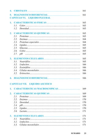 4.   CRISTALES ..........................................................................................         161
5. DIAGNOSTICO DIFERENCIAL.......................................................                                 161
CAPITULO VI. LIQUIDO PLEURAL

1.   CARACTERISTICAS FISICAS .........................................................                            163
     1.1. Color..............................................................................................     163
     1.2. Densidad........................................................................................        163

2.   CARACTERISTICAS QUIMICAS ....................................................                                163
     2.1. Proteínas .......................................................................................       163
     2.2. Enzimas .........................................................................................       164
     2.3. Proteínas especiales ......................................................................             164
     2.4. Lípidos...........................................................................................      165
     2.5. Glucosa..........................................................................................       165
     2.6. Cobre .............................................................................................     165
     2.7. pH ..............................................................................................       165

3.   ELEMENTOS CELULARES ..............................................................                           165
     3.1. Neutrófilos.....................................................................................        165
     3.2. Linfocitos.......................................................................................       166
     3.3. Eosinófilos.....................................................................................        166
     3.4. Células mesoteliales......................................................................              166
     3.5. Eritrocitos......................................................................................       166

4.   DIAGNOSTICO DIFERENCIAL.......................................................                               166

CAPITULO VII.                LIQUIDO ASCITICO

1.   CARACTERISTICAS MACROSCOPICAS .....................................                                          169

2.   CARACTERISTICAS QUIMICAS ....................................................                                169
     2.1. Proteínas .......................................................................................       169
     2.2. Enzimas .........................................................................................       170
     2.3. Densidad........................................................................................        170
     2.4. pH ..................................................................................................   170
     2.5. Lípidos...........................................................................................      170
     2.6. Lactato...........................................................................................      171

3.   ELEMENTOS CELULARES ..............................................................                           171
     3.1. Neutrófilos.....................................................................................        171
     3.2. Linfocitos.......................................................................................       171
     3.3. Células mesoteliales......................................................................              171


                                                                                                SUMARIO            23
 