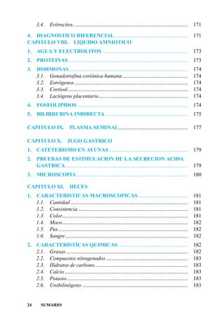 3.4.     Eritrocitos......................................................................................   171

4. DIAGNOSTICO DIFERENCIAL.......................................................                                 171
CAPITULO VIII. LIQUIDO AMNIOTICO
1. AGUA Y ELECTROLITOS ................................................................                           173
2.   PROTEINAS .........................................................................................          173
3.   HORMONAS.........................................................................................            174
     3.1. Gonadotrofina coriónica humana .................................................                        174
     3.2. Estrógenos.....................................................................................         174
     3.3. Cortisol..........................................................................................      174
     3.4. Lactógeno placentario...................................................................                174
4.   FOSFOLIPIDOS ...................................................................................             174
5.   BILIRRUBINA INDIRECTA ..............................................................                         175

CAPITULO IX.               PLASMA SEMINAL....................................................                     177

CAPITULO X.               JUGO GASTRICO
1.   CATETERISMO EN AYUNAS ...........................................................                            179
2. PRUEBAS DE ESTIMULACION DE LA SECRECION ACIDA
   GASTRICA............................................................................................           179
3. MICROSCOPIA ...................................................................................                180

CAPITULO XI.               HECES
1.   CARACTERISTICAS MACROSCOPICAS .....................................                                          181
     1.1. Cantidad ........................................................................................       181
     1.2. Consistencia ..................................................................................         181
     1.3. Color..............................................................................................     181
     1.4. Moco..............................................................................................      182
     1.5. Pus.................................................................................................    182
     1.6. Sangre............................................................................................      182
2.   CARACTERISTICAS QUIMICAS ....................................................                                182
     2.1. Grasas ...........................................................................................      182
     2.2. Compuestos nitrogenados .............................................................                   183
     2.3. Hidratos de carbono......................................................................               183
     2.4. Calcio ............................................................................................     183
     2.5. Potasio...........................................................................................      183
     2.6. Urobilinógeno ...............................................................................           183


24      SUMARIO
 