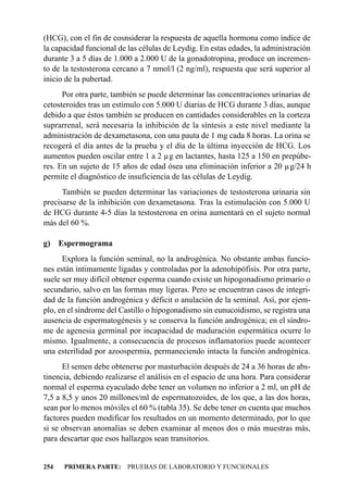 (HCG), con el fin de cosnsiderar la respuesta de aquella hormona como índice de
la capacidad funcional de las células de Leydig. En estas edades, la administración
durante 3 a 5 días de 1.000 a 2.000 U de la gonadotropina, produce un incremen-
to de la testosterona cercano a 7 nmol/l (2 ng/ml), respuesta que será superior al
inicio de la pubertad.
      Por otra parte, también se puede determinar las concentraciones urinarias de
cetosteroides tras un estímulo con 5.000 U diarias de HCG durante 3 días, aunque
debido a que éstos también se producen en cantidades considerables en la corteza
suprarrenal, será necesaria la inhibición de la síntesis a este nivel mediante la
administración de dexametasona, con una pauta de 1 mg cada 8 horas. La orina se
recogerá el día antes de la prueba y el día de la última inyección de HCG. Los
aumentos pueden oscilar entre 1 a 2 µg en lactantes, hasta 125 a 150 en prepúbe-
res. En un sujeto de 15 años de edad ósea una eliminación inferior a 20 µg/24 h
permite el diagnóstico de insuficiencia de las células de Leydig.
      También se pueden determinar las variaciones de testosterona urinaria sin
precisarse de la inhibición con dexametasona. Tras la estimulación con 5.000 U
de HCG durante 4-5 días la testosterona en orina aumentará en el sujeto normal
más del 60 %.

g) Espermograma
      Explora la función seminal, no la androgénica. No obstante ambas funcio-
nes están íntimamente ligadas y controladas por la adenohipófisis. Por otra parte,
suele ser muy difícil obtener esperma cuando existe un hipogonadismo primario o
secundario, salvo en las formas muy ligeras. Pero se encuentran casos de integri-
dad de la función androgénica y déficit o anulación de la seminal. Así, por ejem-
plo, en el síndrome del Castillo o hipogonadismo sin eunucoidismo, se registra una
ausencia de espermatogénesis y se conserva la función androgénica; en el síndro-
me de agenesia germinal por incapacidad de maduración espermática ocurre lo
mismo. Igualmente, a consecuencia de procesos inflamatorios puede acontecer
una esterilidad por azoospermia, permaneciendo intacta la función androgénica.
      El semen debe obtenerse por masturbación después de 24 a 36 horas de abs-
tinencia, debiendo realizarse el análisis en el espacio de una hora. Para considerar
normal el esperma eyaculado debe tener un volumen no inferior a 2 ml, un pH de
7,5 a 8,5 y unos 20 millones/ml de espermatozoides, de los que, a las dos horas,
sean por lo menos móviles el 60 % (tabla 35). Se debe tener en cuenta que muchos
factores pueden modificar los resultados en un momento determinado, por lo que
si se observan anomalías se deben examinar al menos dos o más muestras más,
para descartar que esos hallazgos sean transitorios.


254   PRIMERA PARTE: PRUEBAS DE LABORATORIO Y FUNCIONALES
 