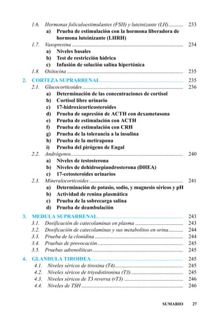 1.6.    Hormonas foliculoestimulantes (FSH) y luteinizante (LH)...........                                  233
             a) Prueba de estimulación con la hormona liberadora de
                  hormona luteinizante (LHRH)
     1.7.    Vasopresina ...................................................................................     234
             a) Niveles basales
             b) Test de restricción hídrica
             c) Infusión de solución salina hipertónica
     1.8.    Oxitocina .......................................................................................   235
2.   CORTEZA SUPRARRENAL..............................................................                           235
     2.1. Glucocorticoides ...........................................................................           236
          a) Determinación de las concentraciones de cortisol
          b) Cortisol libre urinario
          c) 17-hidroxicorticosteroides
          d) Prueba de supresión de ACTH con dexametasona
          e) Prueba de estimulación con ACTH
          f) Prueba de estimulación con CRH
          g) Prueba de la tolerancia a la insulina
          h) Prueba de la metirapona
          i) Prueba del pirógeno de Engal
     2.2. Andrógenos....................................................................................         240
          a) Niveles de testosterona
          b) Niveles de dehidroepiandrosterona (DHEA)
          c) 17-cetosteroides urinarios
     2.3. Mineralocorticoides ......................................................................             241
          a) Determinación de potasio, sodio, y magnesio séricos y pH
          b) Actividad de renina plasmática
          c) Prueba de la sobrecarga salina
          d) Prueba de deambulación
3.   MEDULA SUPRARRENAL................................................................                          243
     3.1. Dosificación de catecolaminas en plasma ....................................                           243
     3.2. Dosificación de catecolaminas y sus metabolitos en orina...........                                    244
     3.3. Prueba de la clonidina ..................................................................              244
     3.4. Pruebas de provocación ................................................................                245
     3.5. Pruebas adrenolíticas....................................................................              245
4.   GLANDULA TIROIDEA.....................................................................                      245
      4.1. Niveles séricos de tiroxina (T4)...................................................                   245
      4.2. Niveles séricos de triyodotironina (T3).......................................                        245
      4.3. Niveles séricos de T3 reversa (rT3) ............................................                      246
      4.4. Niveles de TSH ............................................................................           246


                                                                                               SUMARIO            27
 