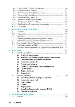 4.5. Captación de T3 e índice de T4 libre ..........................................                    246
      4.6. Concentración de T4 libre...........................................................               247
      4.7. Determinación de tiroglobulina sérica .......................................                      247
      4.8. Captación de iodo radiactivo......................................................                 248
      4.9. Iodo plasmático y proteico ..........................................................              248
     4.10. Prueba de estimulación con TRH................................................                     248
     4.11. Prueba de inhibición con T3 .......................................................                249
     4.12. Estudio de las alteraciones de la inmunidad ..............................                         249
     4.14. Calcitonina ..................................................................................     249
5.   GLANDULAS PARATIROIDES.........................................................                          250
     5.1. Calcemia........................................................................................    250
     5.2. Fosfatemia.....................................................................................     250
     5.3. Calciuria........................................................................................   251
     5.4. Concentraciones plasmáticas de paratohormona.........................                               251
     5.5. Proteína relacionada con la hormona paratiroidea .....................                              251
     5.6. Determinación del AMPc urinario................................................                     251
     5.7. Prueba de estímulo con PTH ........................................................                 251
     5.8. Determinación de la subunidad de la proteína G estimuladora (Gs)                                    251
6. GONADAS.............................................................................................       252
   6.1. Gónadas masculinas .....................................................................              252
        a) Niveles de testosterona
        b) Niveles de globulina transportadora de testosterona
        c) Concentraciones de dehidrotestosterona
        d) Cetosteroides urinarios
        e) Testosterona urinaria
        f) Prueba de estimulación con gonadotropinas
        g) Espermograma
        h) Biopsia testicular
        i) Otros signos
   6.2. Gónadas femeninas .......................................................................             256
        a) Aspecto externo de los órganos sexuales
        b) Temperatura corporal
        c) Frotis vaginal
        d) Estriol
        e) Progesterona
        f) Gonadotrofina coriónica humana (HCG)
        g) Calendario obstétrico
7.   PANCREAS ENDOCRINO .................................................................                     259
     7.1. Glucosa..........................................................................................   259


28      SUMARIO
 