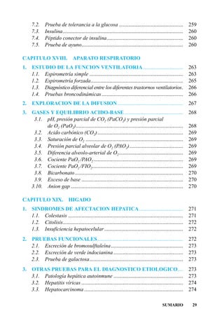7.2.     Prueba de tolerancia a la glucosa ................................................                   259
     7.3.     Insulina..........................................................................................   260
     7.4.     Péptido conector de insulina.........................................................                260
     7.5.     Prueba de ayuno............................................................................          260

CAPITULO XVIII. APARATO RESPIRATORIO
1.   ESTUDIO DE LA FUNCION VENTILATORIA ..............................                                             263
     1.1. Espirometría simple ......................................................................               263
     1.2. Espirometría forzada.....................................................................                265
     1.3. Diagnóstico diferencial entre los diferentes trastornos ventilatorios.                                   266
     1.4. Pruebas broncodinámicas .............................................................                    266
2.   EXPLORACION DE LA DIFUSION .................................................                                  267
3.   GASES Y EQUILIBRIO ACIDO-BASE ............................................                                    268
      3.1. pH, presión parcial de CO2 (PaCO2) y presión parcial
           de O2 (PaO2)................................................................................            268
      3.2. Acido carbónico (CO2) ................................................................                  269
      3.3. Saturación de O2 .........................................................................              269
      3.4. Presión parcial alveolar de O2 (PAO2)........................................                           269
      3.5. Diferencia alveolo-arterial de O2 ................................................                      269
      3.6. Cociente PaO2 /PAO2 ...................................................................                 269
      3.7. Cociente PaO2 /FIO2....................................................................                 269
      3.8. Bicarbonato.................................................................................            270
      3.9. Exceso de base ............................................................................             270
     3.10. Anion gap ....................................................................................          270

CAPITULO XIX.                 HIGADO
1.   SINDROMES DE AFECTACION HEPATICA.................................                                             271
     1.1. Colestasis ......................................................................................        271
     1.2. Citolisis..........................................................................................      272
     1.3. Insuficiencia hepatocelular ...........................................................                  272
2.   PRUEBAS FUNCIONALES ................................................................                          272
     2.1. Excreción de bromosulftaleína......................................................                      273
     2.2. Excreción de verde indocianina ....................................................                      273
     2.3. Prueba de galactosa......................................................................                273
3.   OTRAS PRUEBAS PARA EL DIAGNOSTICO ETIOLOGICO....                                                              273
     3.1. Patología hepática autoinmune ....................................................                       273
     3.2. Hepatitis víricas ............................................................................           274
     3.3. Hepatocarcinoma ..........................................................................               274

                                                                                                 SUMARIO            29
 