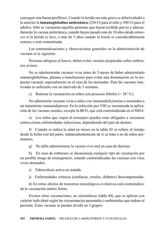 conseguir una buena profilaxis. Cuando la herida sea más grave se deberá añadir a
la anterior la inmunoglobulina antitetánica (250 UI para el niño y 500 UI para el
adulto). Sólo se vacunarán aquellas personas que hayan recibido previa y adecua-
damente la vacuna antitetánica, cuando hayan pasado más de 10 años desde enton-
ces si la herida es leve, o más de 5 años cuando la lesión es considerablemente
extensa o está contaminada.
     Las contraindicaciones y observaciones generales en la administración de
vacunas es la siguiente:
     Personas alérgicas al huevo, deben evitar vacunas preparadas sobre embrio-
nes aviares.
      No se administrarán vacunas vivas antes de 3 meses de haber administrado
inmunoglobulinas, plasma o transfusiones para evitar una disminución en la res-
puesta vacunal, especialmente en el caso de las atenuadas. Para las vacunas inac-
tivadas es suficiente con un intervalo de 3 semanas.
      c)   Retrasar la vacunación en niños con procesos febriles (> 38.º C).
      No administrar vacunas vivas a niños con inmunodeficiencias o sometidos a
un tratamiento inmunodepresor. En la infección por VIH se recomienda la aplica-
ción de las vacunas usuales, excepto la BCG, que está contraindicada en el SIDA.
     e) Los niños que viajen al extranjero pueden estar obligados a vacunarse
contra ciertas enfermedades infecciosas, dependiendo del país de destino.
     f) Cuando se indica la edad en meses en la tabla 42 se refiere al tiempo
desde la fecha real del parto, independientemente de si se trata o no de niños pre-
maturos.
      g)   No debe administrarse la vacuna viva oral en caso de diarreas.
     h) En caso de embarazo se desaconseja cualquier tipo de vacunación por
un posible riesgo de teratogénesis, estando contraindicadas las vacunas con virus
vivos atenuados.
      i)   Tuberculosis activa no tratada.
      j)   Enfermedades crónicas (cardíacas, renales, diabetes) descompensadas.
      k) En niños afectos de trastornos neurológicos evolutivos está contraindica-
da la vacunación antitós ferina.
      Existen otras vacunaciones, no sistemáticas (tabla 44), que se aplican con
carácter individual según las circunstancias personales o ambientales que rodean al
paciente. Estas vacunas se pueden dividir en 3 grupos:


292   PRIMERA PARTE: PRUEBAS DE LABORATORIOS Y FUNCIONALES
 