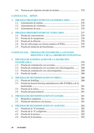 3.4.    Trastorno por depósito elevado de metales...................................                   274

CAPITULO XX.                RIÑON
1.   PRUEBAS PREFERENTEMENTE GLOMERULARES ................                                                  275
     1.1. Aclaramiento de inulina ................................................................          276
     1.2. Aclaramiento de creatinina ...........................................................            276
     1.3. Aclaramiento de urea ....................................................................         276
2.   PRUEBAS PREFERENTEMENTE TUBULARES ..........................                                           277
     2.1. Prueba de concentración ..............................................................            276
     2.2. Prueba de la vasopresina ..............................................................           278
     2.3. Prueba de la dilución ....................................................................        278
     2.4. Test de sobrecarga con cloruro amónico (ClNH4) ........................                           278
     2.5. Prueba de titulación de bicarbonato.............................................                  278

CAPITULO XXI. PRUEBAS DE ESTUDIO DE LA FUNCION
              DIGESTIVA Y DE LA ABSORCION INTESTINAL
1.   PRUEBAS DE ESTIMULACION DE LA SECRECION
     PANCREATICA....................................................................................        279
     1.1. Prueba de estimulación con secretina...........................................                   279
     1.2. Prueba de estimulación con secretina con colecistoquinina ........                                280
     1.3. Prueba de estimulación con colecistoquinina...............................                        280
     1.4. Prueba de Lundh ...........................................................................       280
2.   PRUEBAS DE DETERMINACION EN ORINA ..............................                                       280
     2.1. Prueba de Schilling .......................................................................       280
     2.2. Prueba de benzoil-tirosil-p-aminobenzoico (Bz-Ti-PABA) o de la
          bentiromida ...................................................................................   281
     2.3. Prueba de la xilosa........................................................................       281
     2.4. Prueba del pancreolauril ..............................................................           281
3.   PRUEBAS DE DETERMINACION EN SANGRE ...........................                                         281
     3.1. Bioquímica sanguínea ...................................................................          281
     3.2. Prueba de tolerancia a la lactosa .................................................               281
4.   PRUEBAS DE DETERMINACION EN ALIENTO .........................                                          282
     4.1. Prueba de la 14C-trioleína .............................................................          282
     4.2. Prueba de la 14C-coliglicina..........................................................            282
     4.3. Prueba de la lactosa......................................................................        282
     4.4. Prueba de la lactulosa...................................................................         282



30      SUMARIO
 