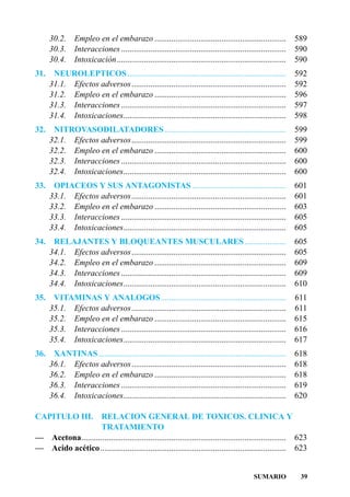 30.2.     Empleo en el embarazo ...............................................................           589
      30.3.     Interacciones ...............................................................................   590
      30.4.     Intoxicación.................................................................................   590
31.    NEUROLEPTICOS ............................................................................               592
      31.1. Efectos adversos..........................................................................          592
      31.2. Empleo en el embarazo ...............................................................               596
      31.3. Interacciones ...............................................................................       597
      31.4. Intoxicaciones..............................................................................        598
32.    NITROVASODILATADORES ..........................................................                          599
      32.1. Efectos adversos..........................................................................          599
      32.2. Empleo en el embarazo ...............................................................               600
      32.3. Interacciones ...............................................................................       600
      32.4. Intoxicaciones..............................................................................        600
33.    OPIACEOS Y SUS ANTAGONISTAS .............................................                                601
      33.1. Efectos adversos..........................................................................          601
      33.2. Empleo en el embarazo ...............................................................               603
      33.3. Interacciones ...............................................................................       605
      33.4. Intoxicaciones..............................................................................        605
34.    RELAJANTES Y BLOQUEANTES MUSCULARES....................                                                  605
      34.1. Efectos adversos..........................................................................          605
      34.2. Empleo en el embarazo ...............................................................               609
      34.3. Interacciones ...............................................................................       609
      34.4. Intoxicaciones..............................................................................        610
35.    VITAMINAS Y ANALOGOS............................................................                         611
      35.1. Efectos adversos..........................................................................          611
      35.2. Empleo en el embarazo ...............................................................               615
      35.3. Interacciones ...............................................................................       616
      35.4. Intoxicaciones..............................................................................        617
36.    XANTINAS..........................................................................................       618
      36.1. Efectos adversos..........................................................................          618
      36.2. Empleo en el embarazo ...............................................................               618
      36.3. Interacciones ...............................................................................       619
      36.4. Intoxicaciones..............................................................................        620

CAPITULO III. RELACION GENERAL DE TOXICOS. CLINICA Y
                   TRATAMIENTO
— Acetona.................................................................................................. 623
— Acido acético ......................................................................................... 623


                                                                                              SUMARIO            39
 
